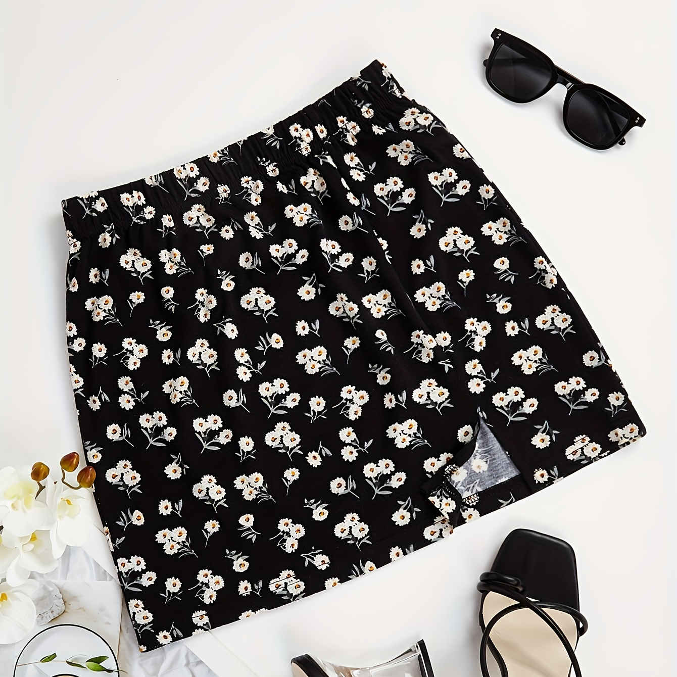 

Floral Print High Waist Mini Skirt, Elegant Split Hem A-line Skirt For Spring & Summer, Women's Clothing