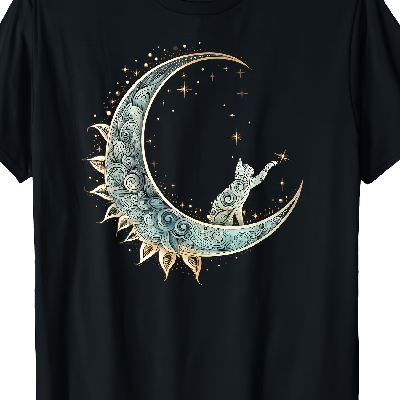 

Mystical Cat & Graphic T-shirt - 100% Cotton, Short Sleeve, Round Neck, Machine Washable, 220g - Casual With , Moon Decor