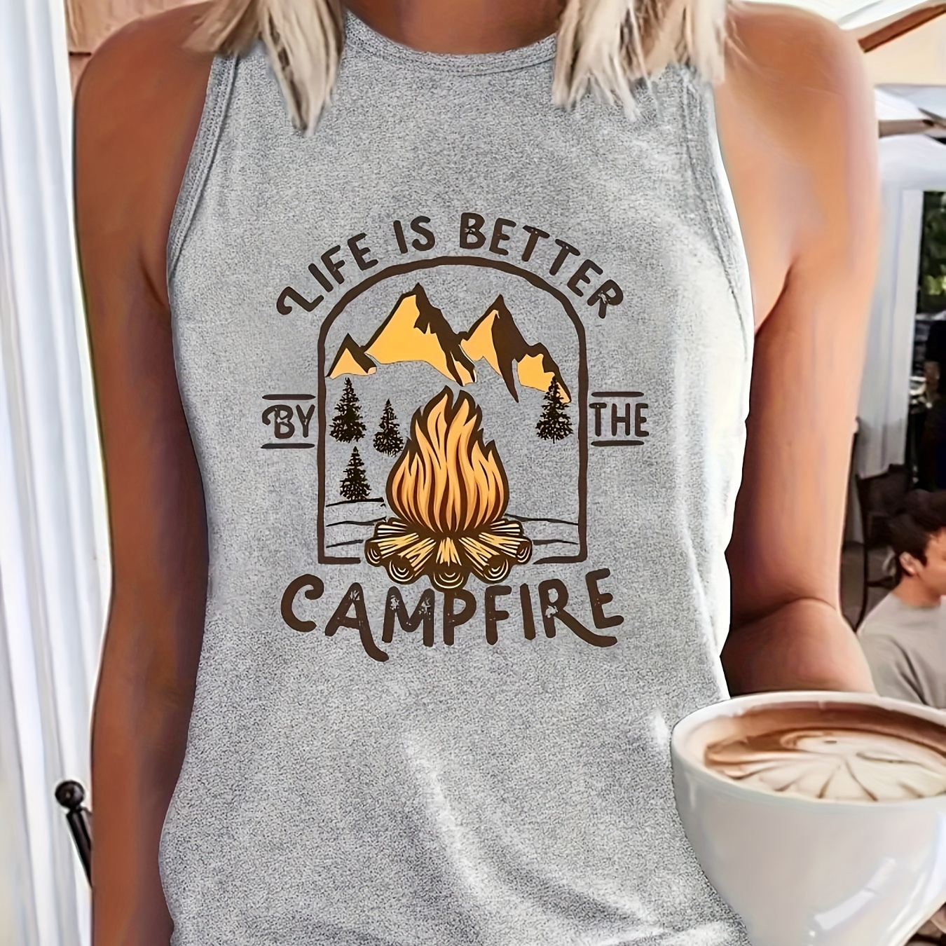 

Camp Fire Print Sport Fitness Vest Top, Casual Sleeveless Vest Top, Women's Clothing