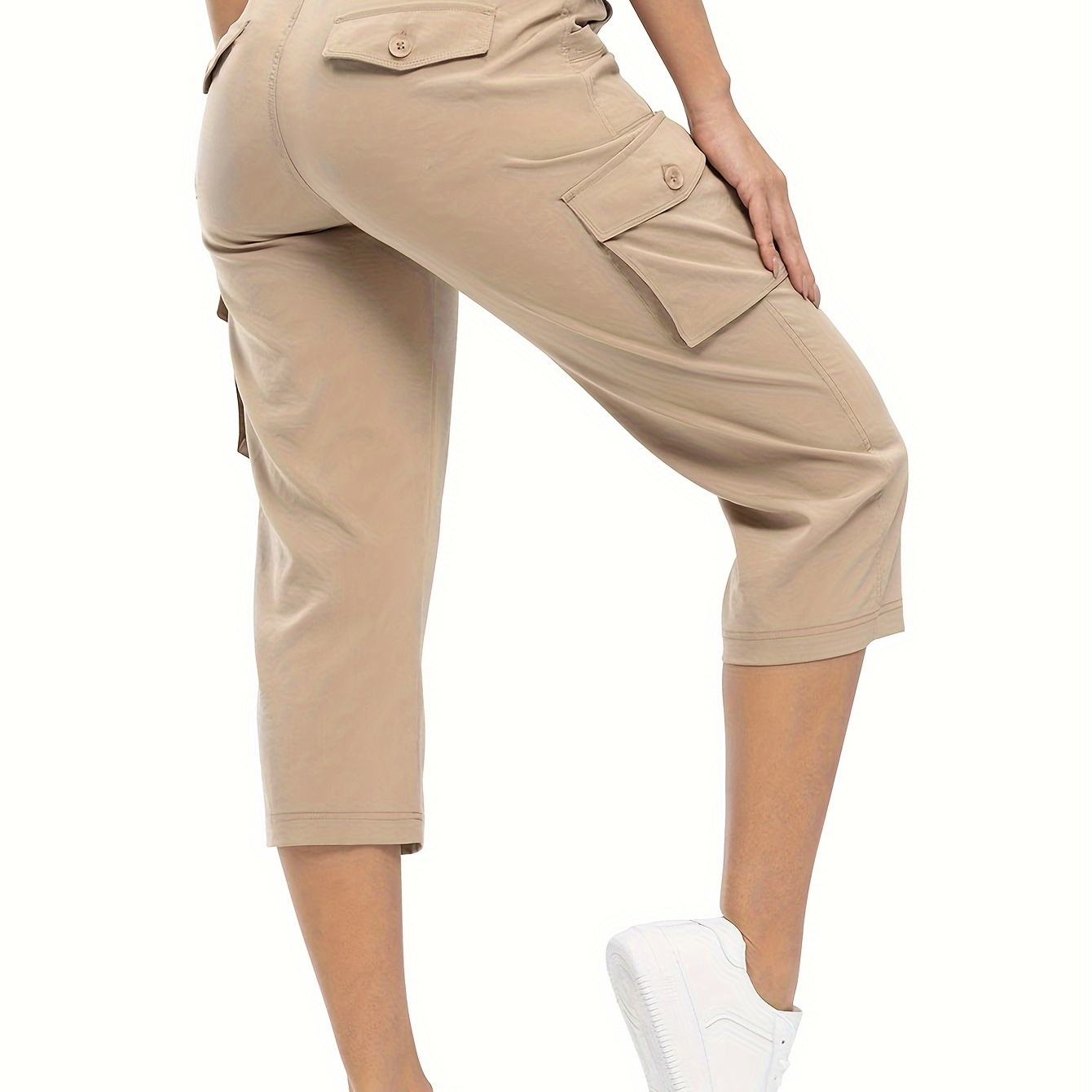 

1pc Women's Cargo Capri Pants, Solid Color Viscose Fabric With Pockets, Slight Stretch, Quick-dry Waist For , Casual Loose Fit Shorts - Spring/summer/fall Sports Pants