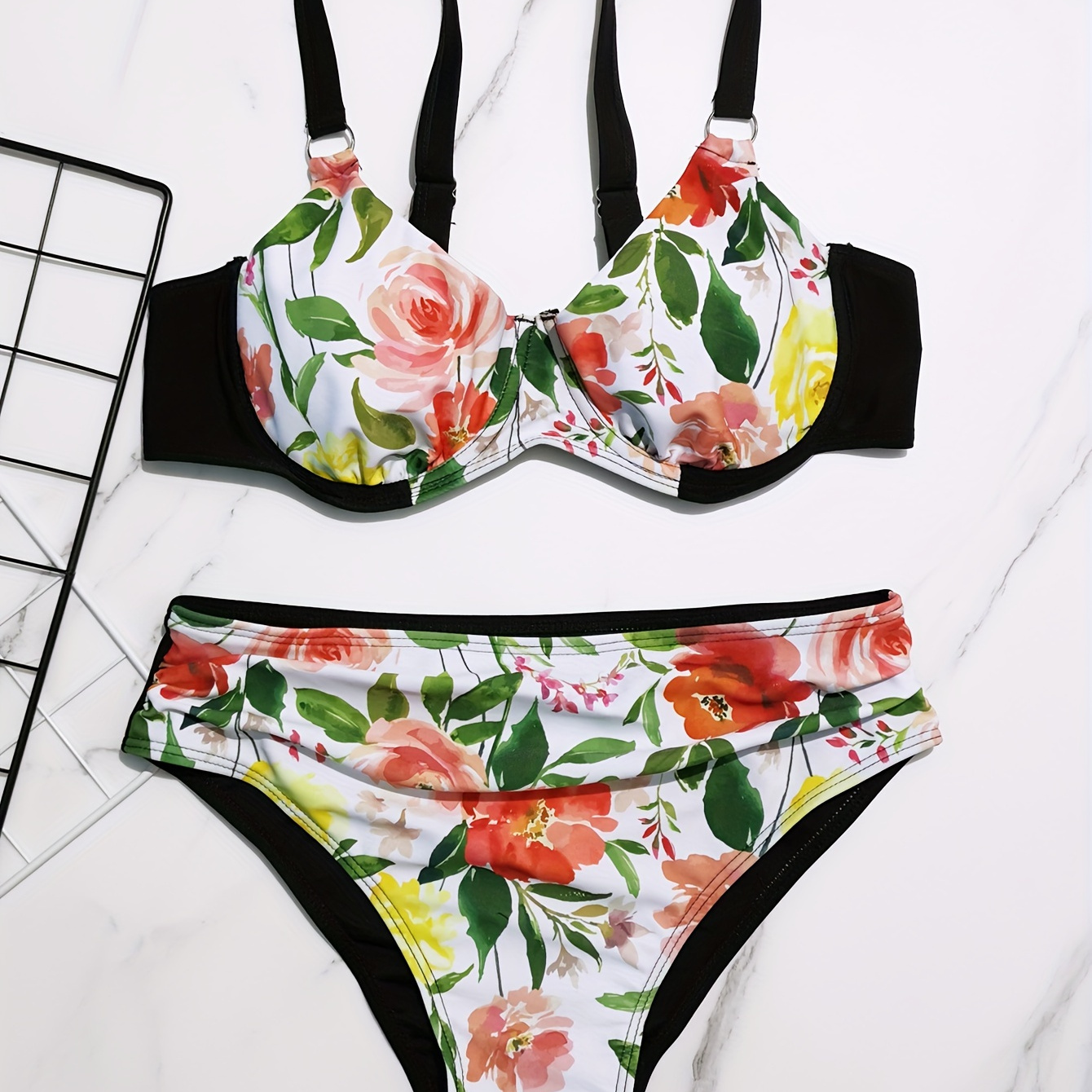 

Floral Print Patchwork V Neck 2 Piece Set Bikini, High Stretch Ruched Stylish Swimsuits, Women's Swimwear & Clothing