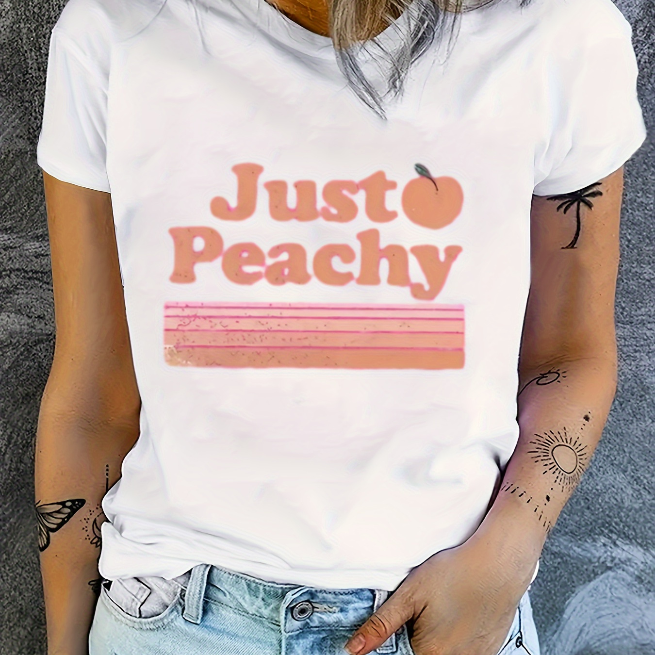 

Just Peachy Print Crew Neck T-shirt, Short Sleeve Casual Top For Summer & Spring, Women's Clothing