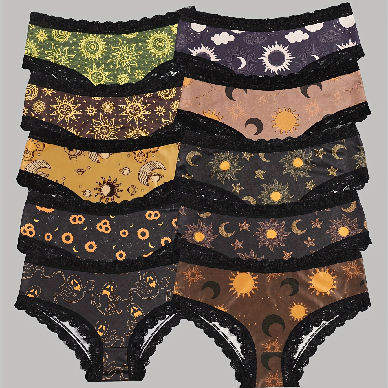 

Dircho Women'-pack Hipster Panties - Lace Polyester , Sexy Knit Fabric Underwear With Random Print Featuring , Suns, , Stars, Skulls, , And Eyeballs - Medium Support Drop Waist Lingerie