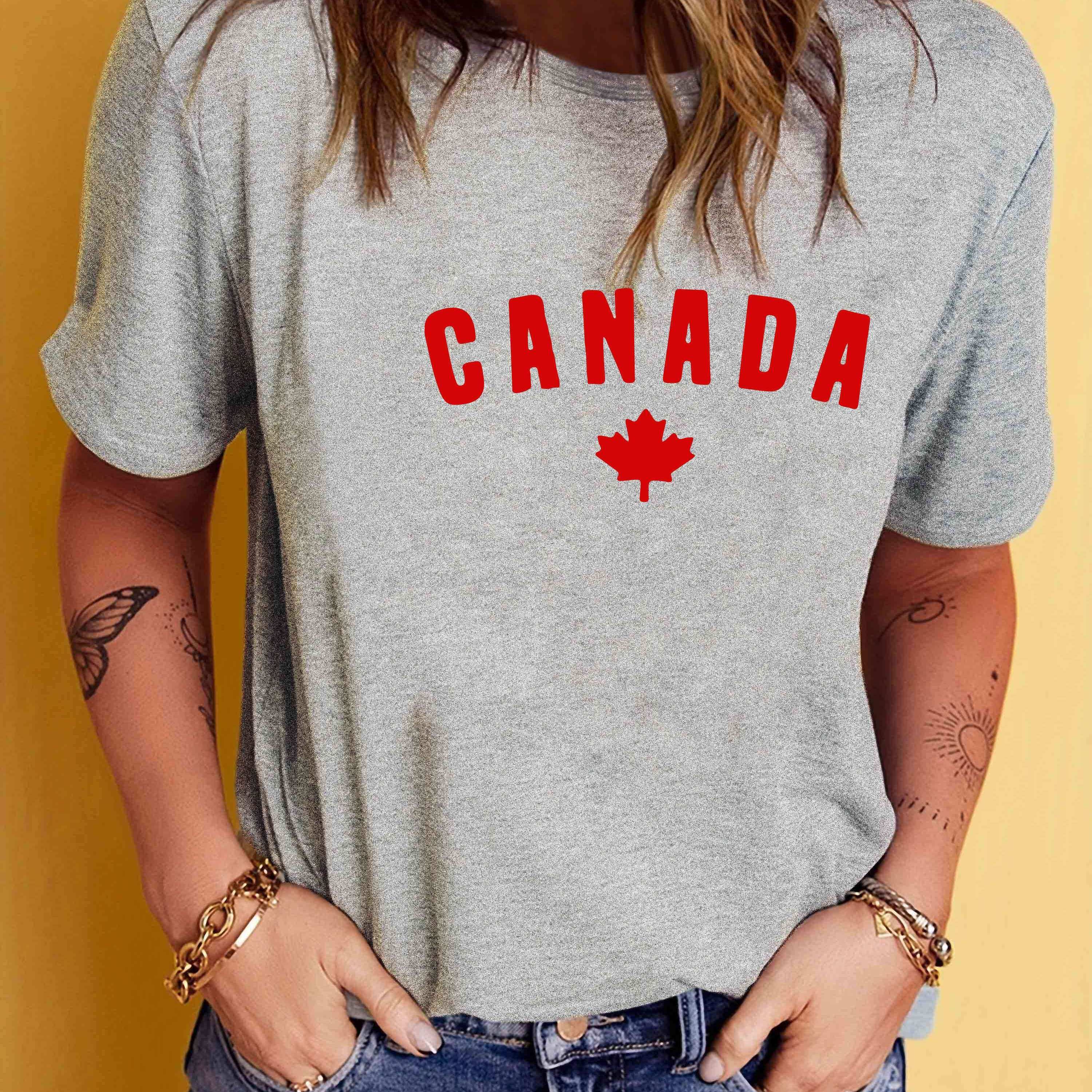 

Canada Print T-shirt, Short Sleeve Crew Neck Casual Top For Summer & Spring, Women's Clothing