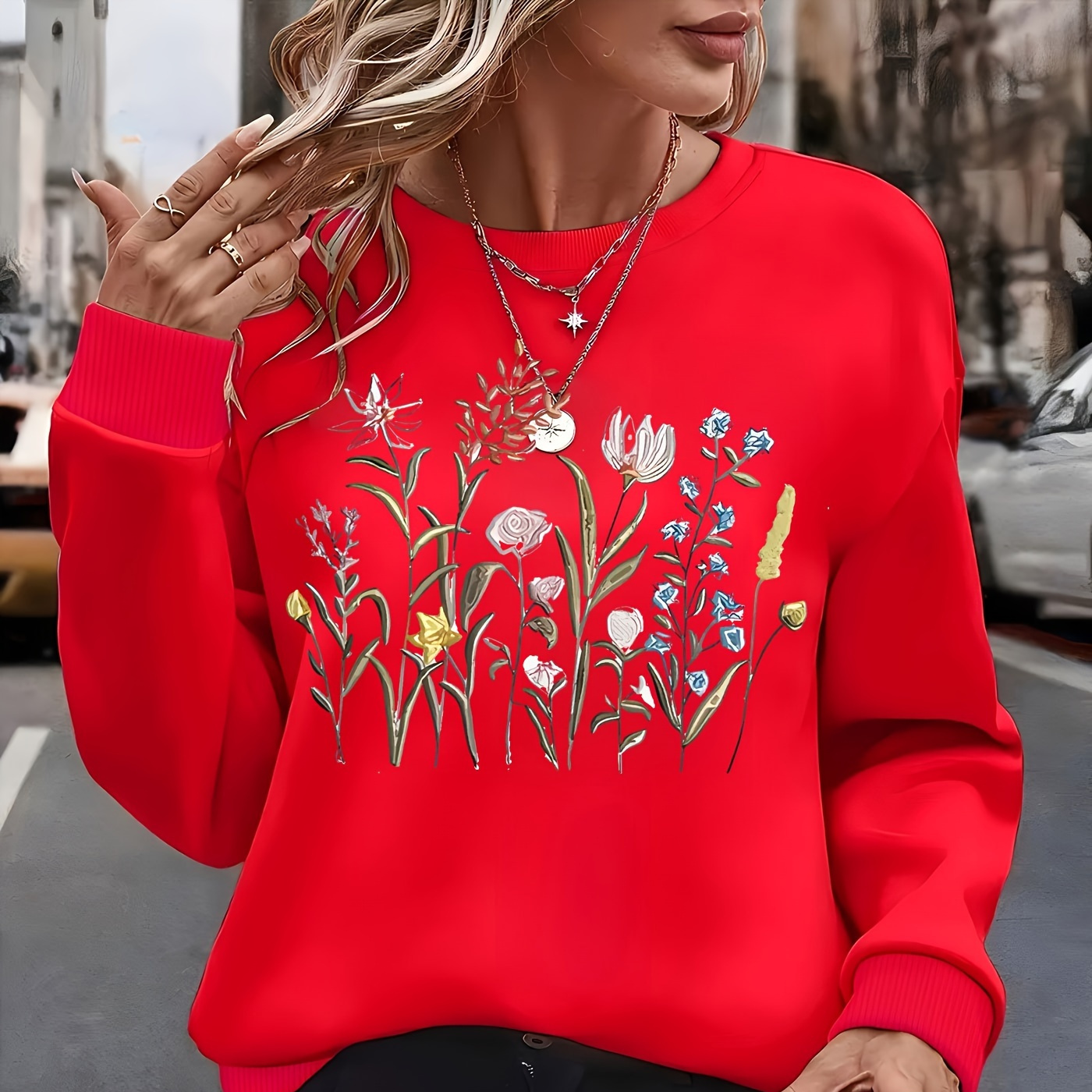 

Women's Floral Print Long Sleeve Crewneck Sweatshirt - Elegant Red Knit Top With Design, Machine Washable Polyester, Casual Outfits