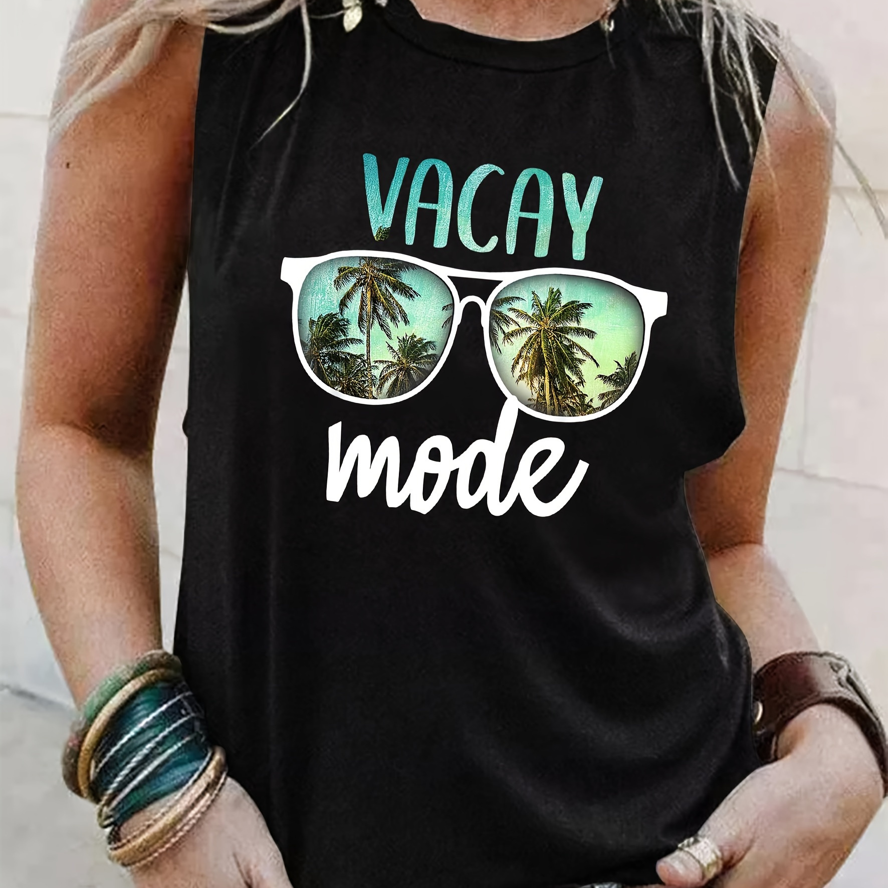 

Sunglasses & Letter Print Tank Top, Casual Sleeveless Tank Top For Summer, Women's Clothing