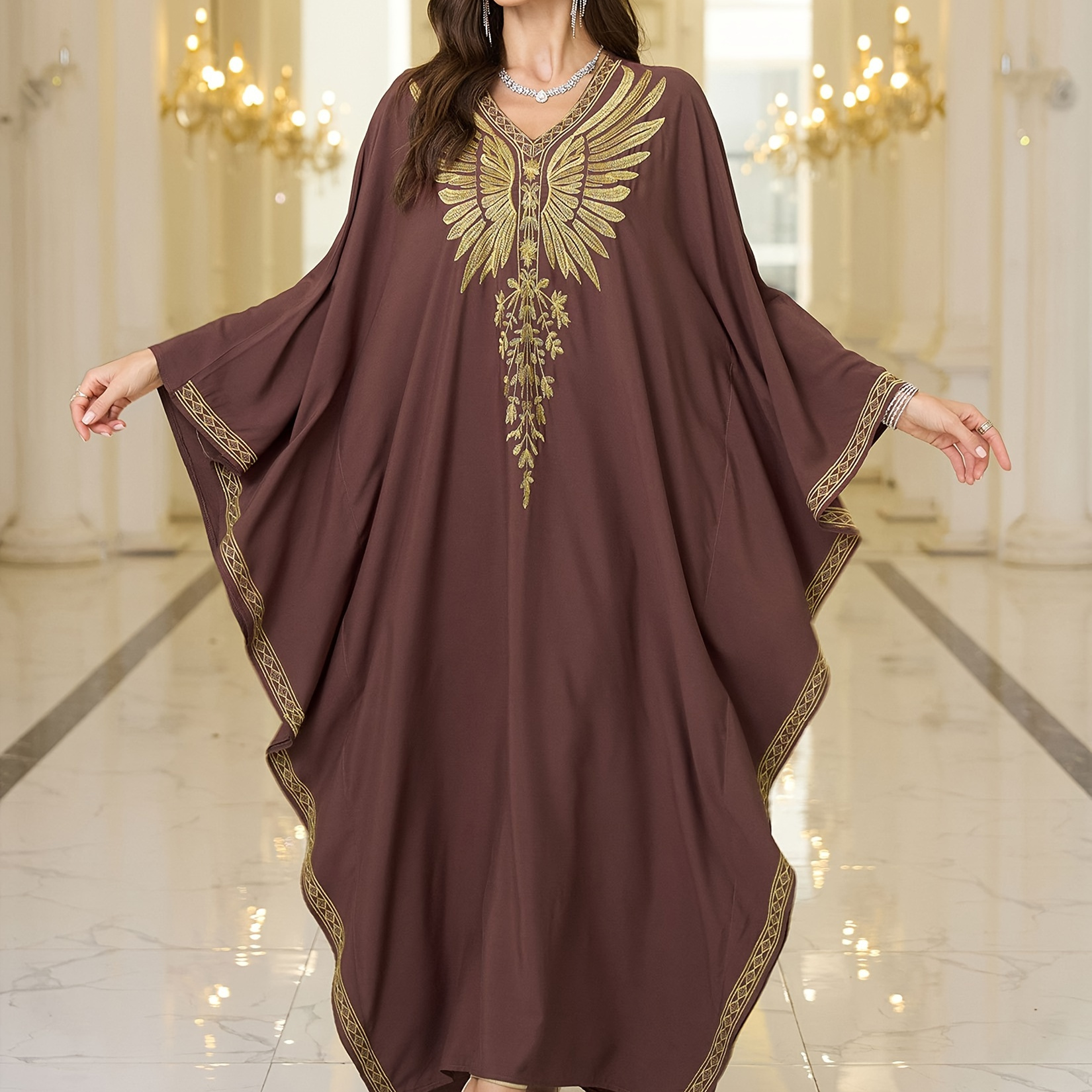 

Edolynsa Size Kaftan Dress With Embroidered Wings - V-neck, Batwing Sleeves, Loose Fit Maxi For Women