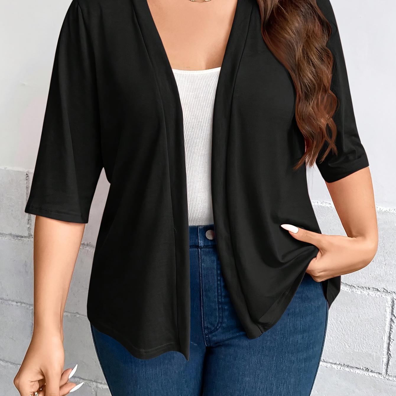 

Plus Size Solid Loose Cardigan, Versatile Casual Half Sleeve Open Front Cardigan, Women's Plus Size Clothing