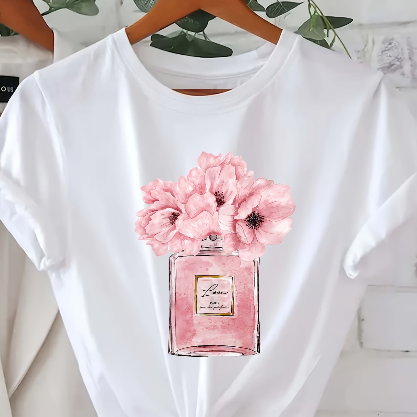 

Paris Perfume Floral Print T-shirt, Short Sleeve Crew Neck Casual Top For Summer & Spring, Women's Clothing