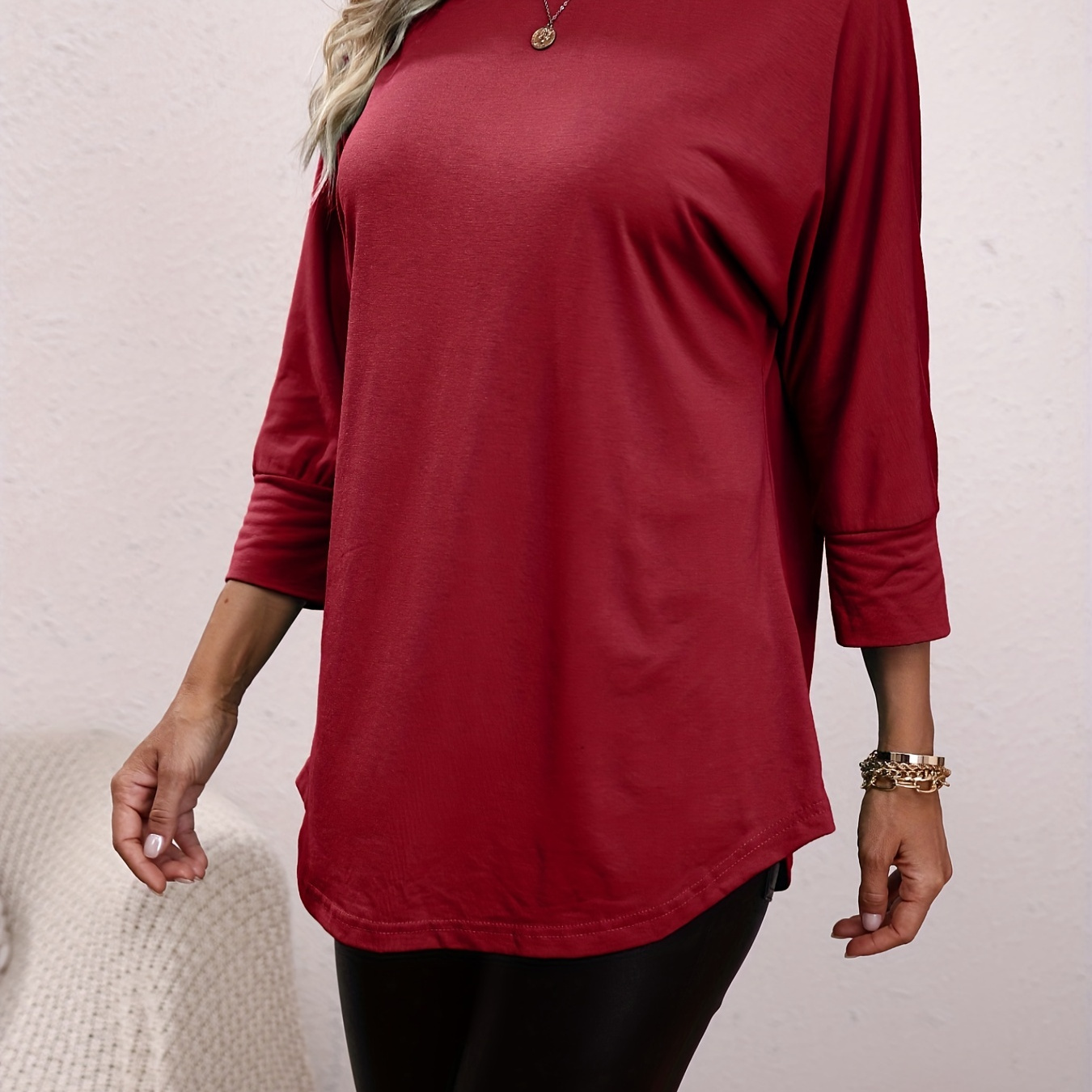 

Solid Crew Neck T-shirt, Casual 3/4 Sleeve T-shirt For Spring & Fall, Women's Clothing