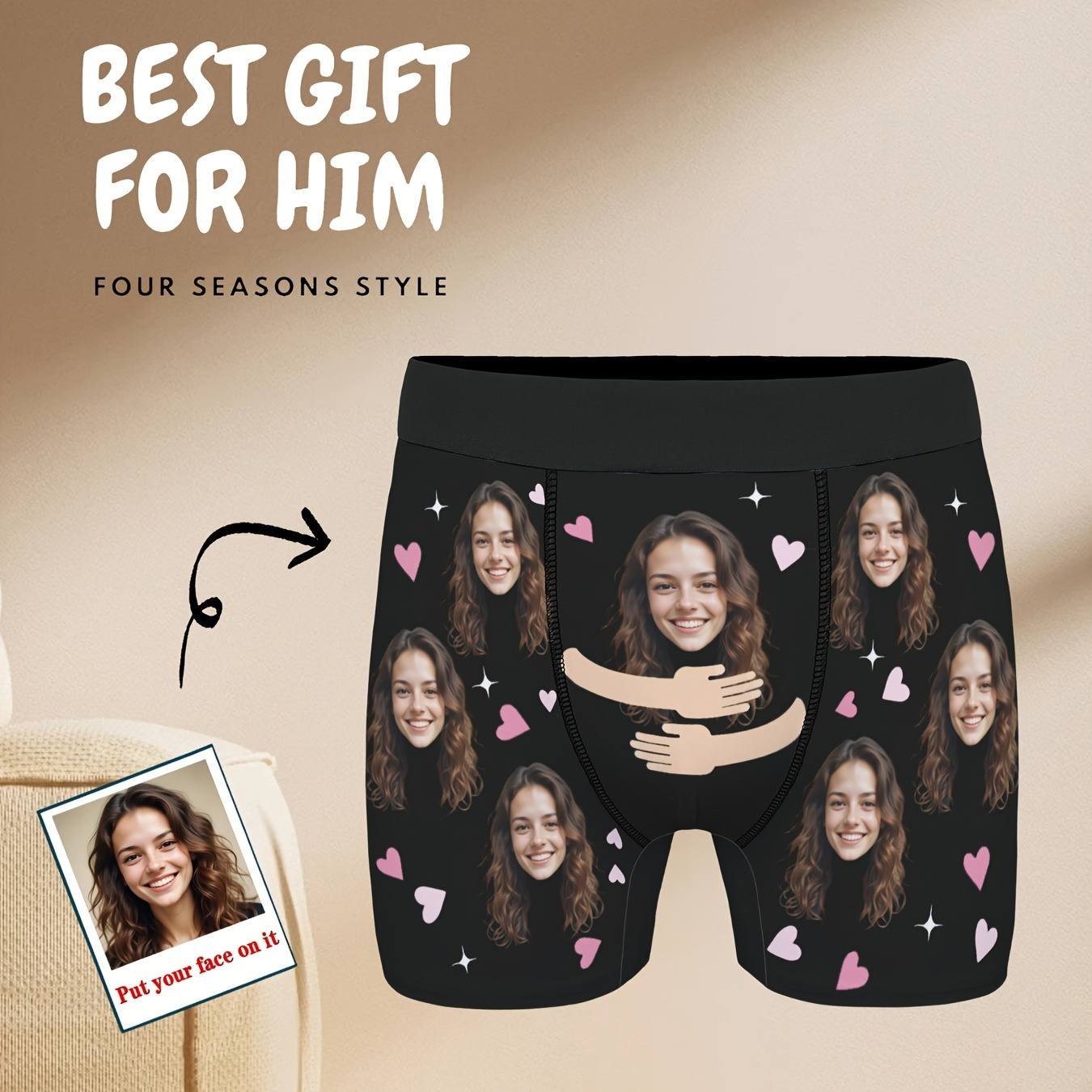 

[DIY] Boxer personnalisé pour homme avec imprimé petit cœur rose, sous-vêtement humoristique avec photo portrait, cadeau de vacances