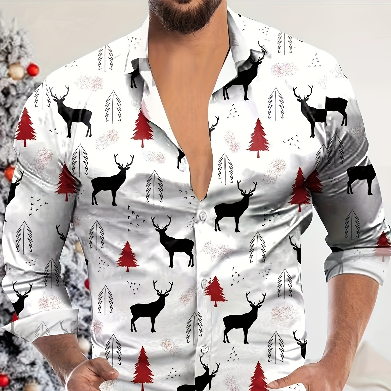 

Men's Christmas 3d Print Long Sleeve Button-up Shirt - Casual & Stylish, Machine Washable