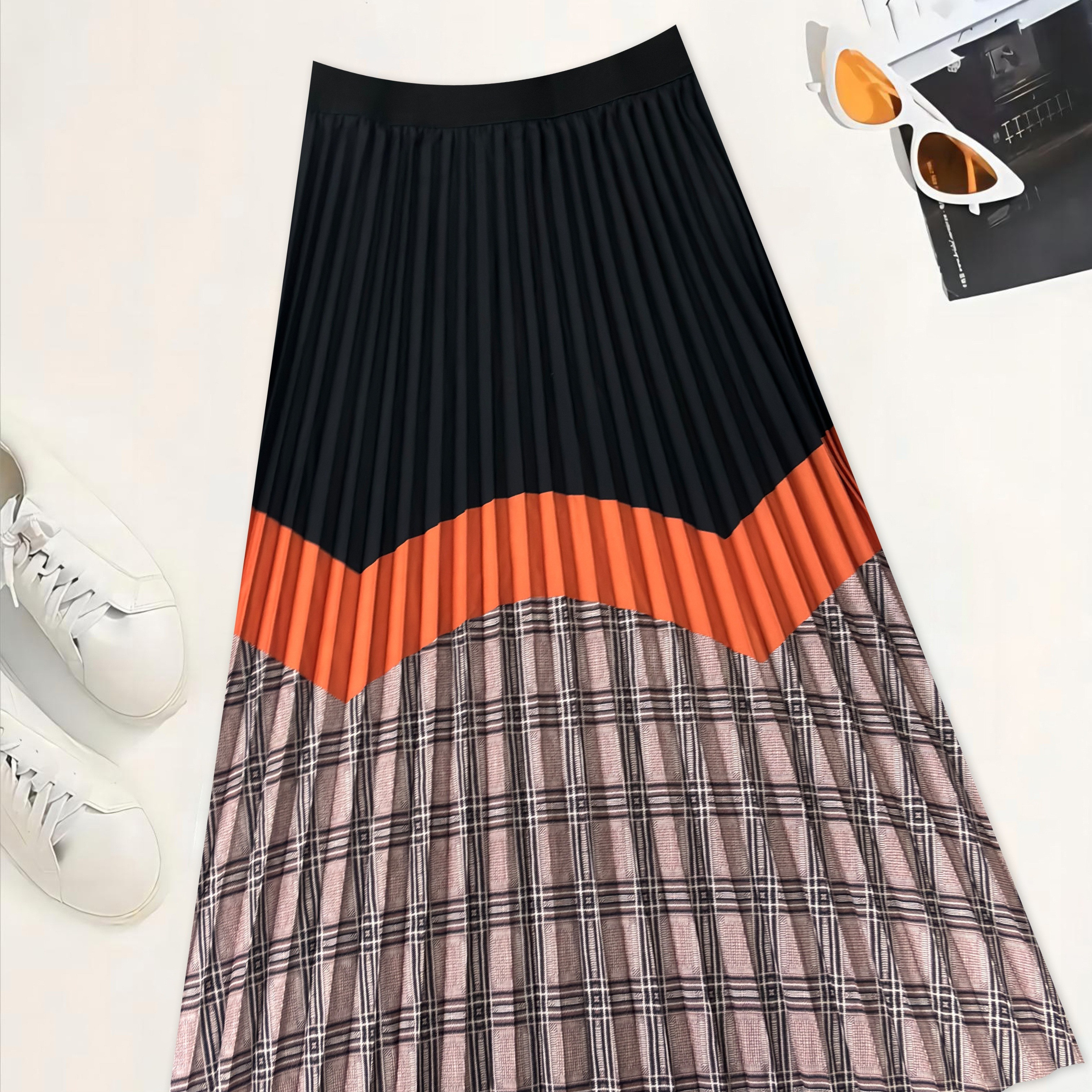 

Women's Pleated Skirt, Elegant Mid-length A-line Skirt With Color Block Print, Perfect For Home Wear And Street Fashion, Casual Style