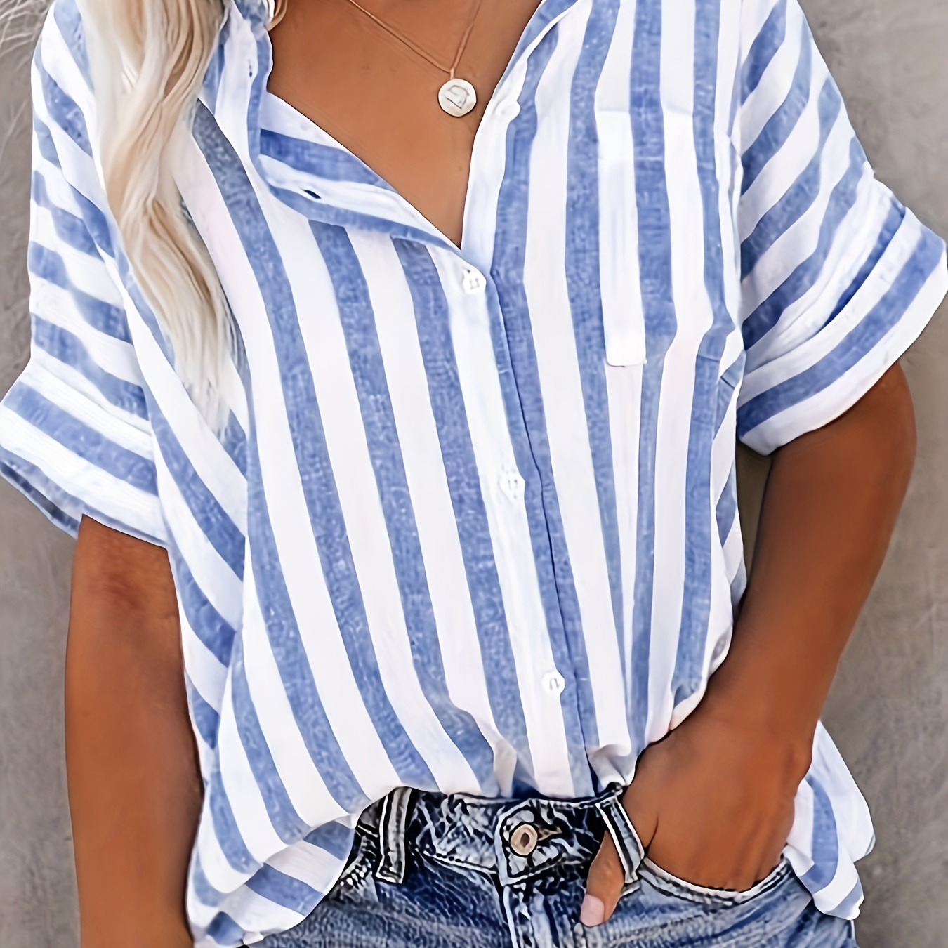 

Plus Size Striped Pocket Button Front Blouse, Casual Short Sleeve Collared Blouse For Spring & Summer, Women's Plus Size Clothing