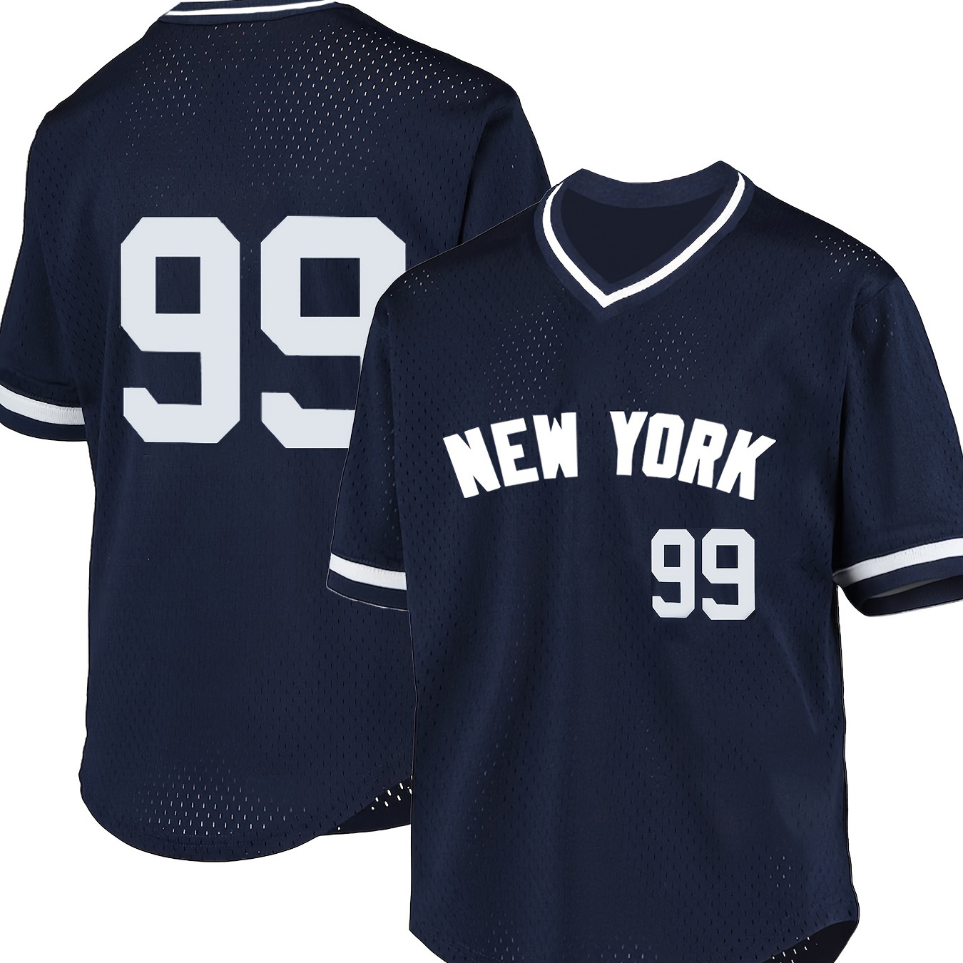 

Men's New York 99 Print Baseball Jersey, Active Breathable V Neck Short Sleeve Sports Shirt For Training Competition