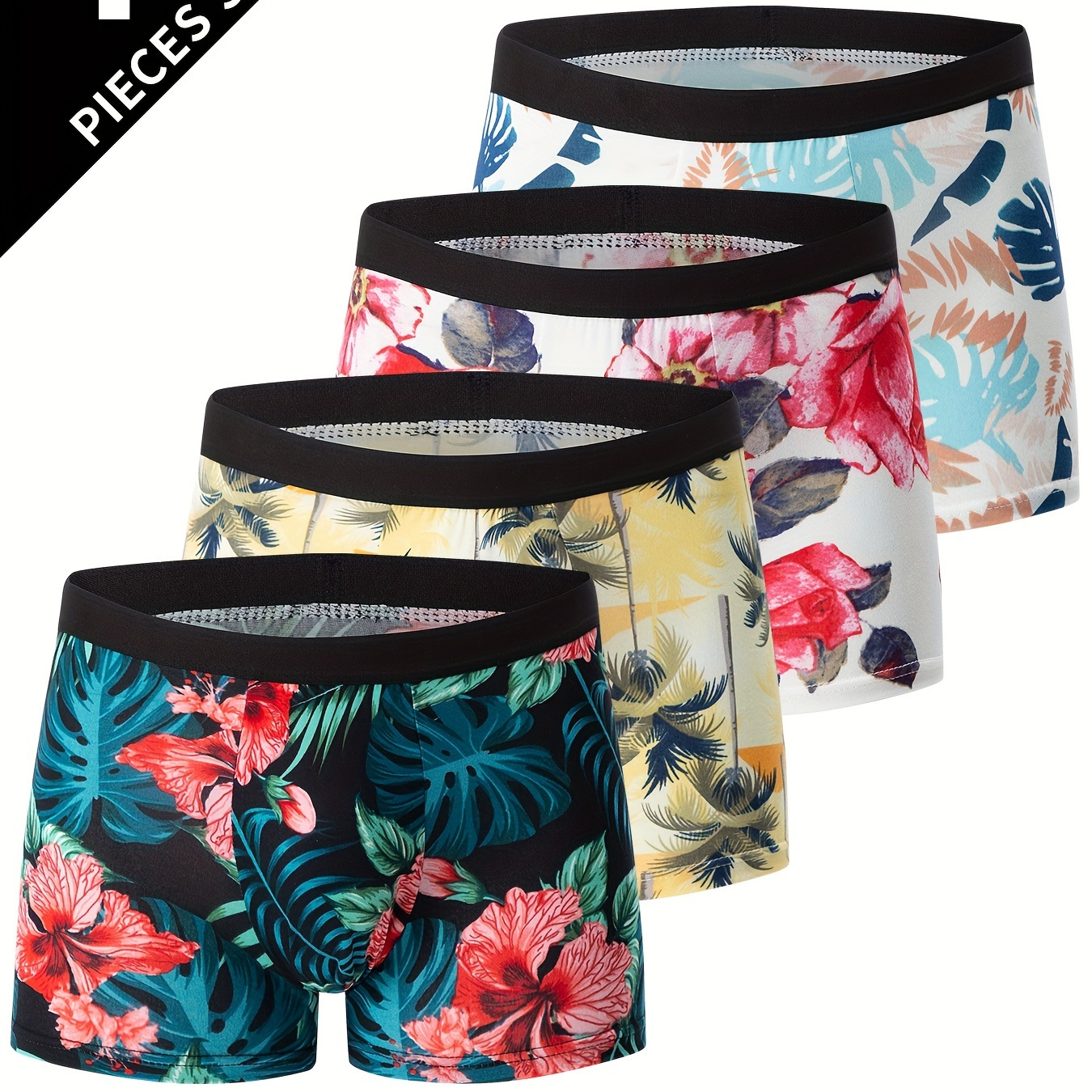 

4pcs Flower Pattern Men's Antibacterial Underwear, Casual Boxer Briefs Shorts, Breathable Comfy Stretchy Boxer Sports Shorts
