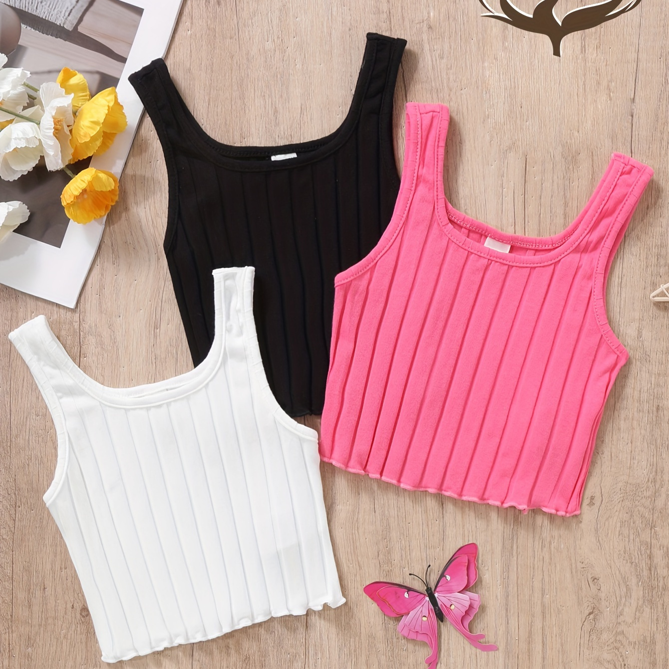 

3pcs Girls Stretchy Solid Color Stripped Activewear Top Set For Sports Outdoor Running Jogging Gift