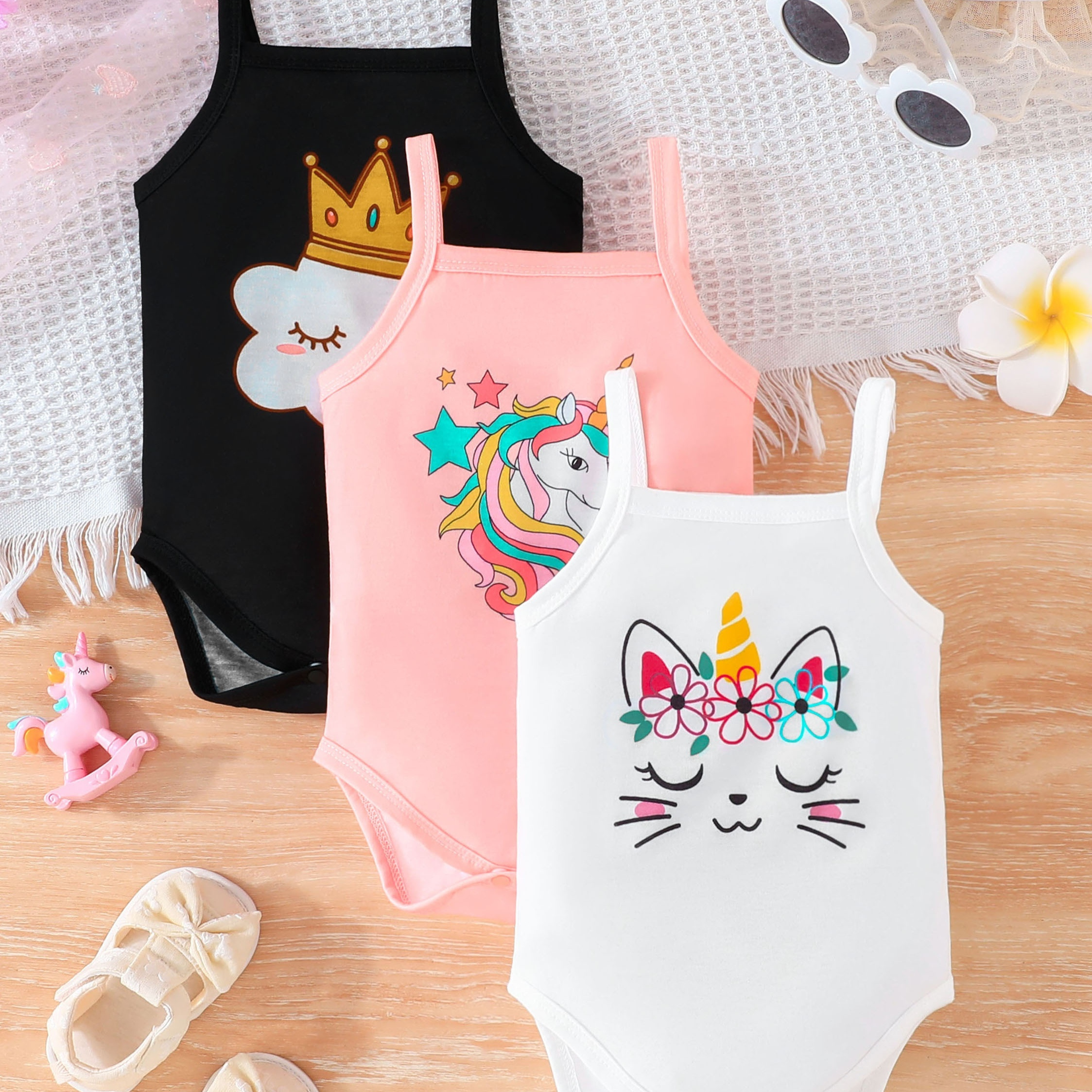 

3pcs Baby's Cartoon Pattern Triangle Bodysuit, Cute Cat & Unicorn & Cloud Print, Casual Sleeveless Romper, Toddler & Infant Girl's Onesie For Summer, As Gift