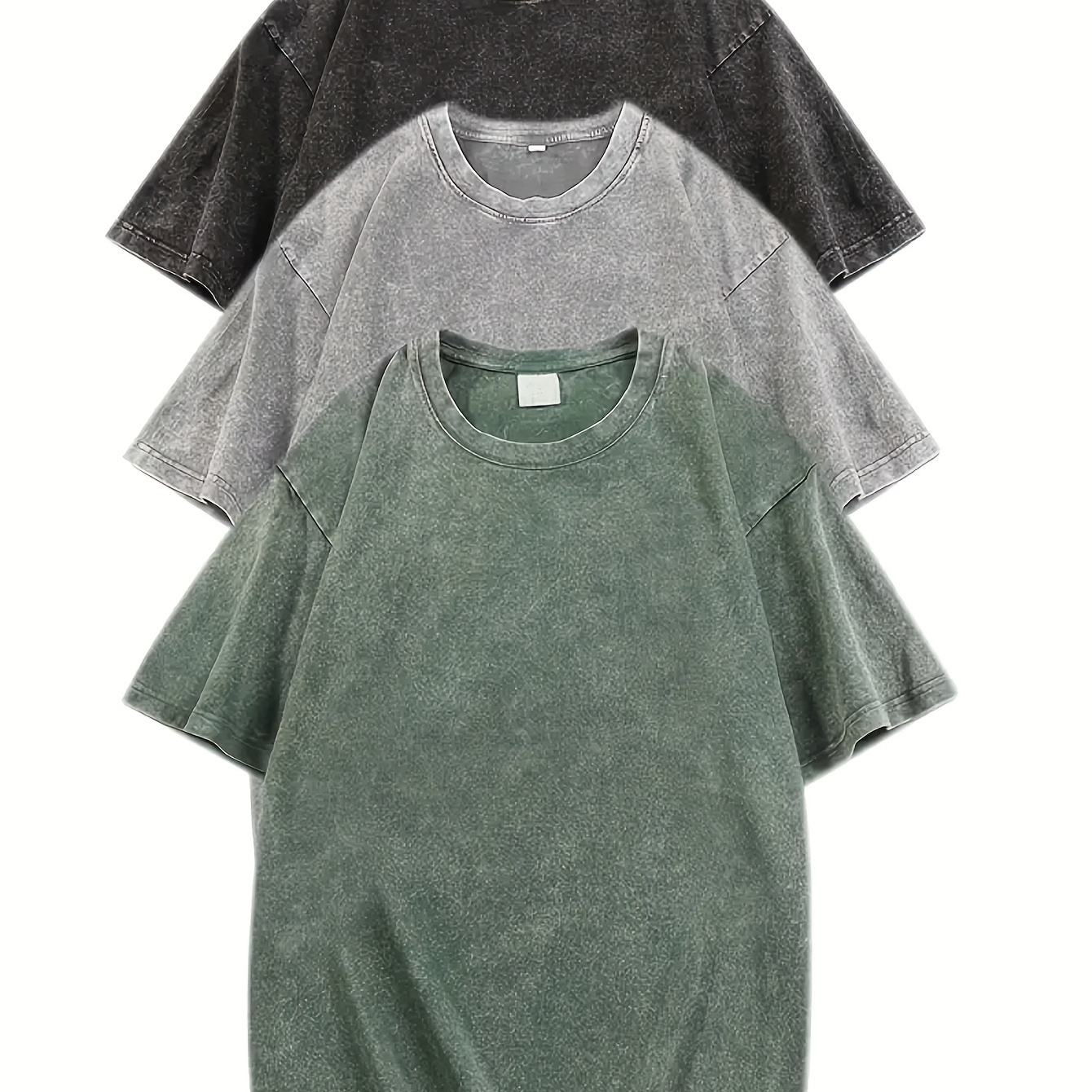 

3pcs Men' Washed Cotton T-shirts - Solid Colors In Blue, Green, Pink | Short Sleeve, Crew Neck, Distressed Look Casual Tees For All , Casual Summer Wear | Crew Neck Tshirt | Knitted Construction