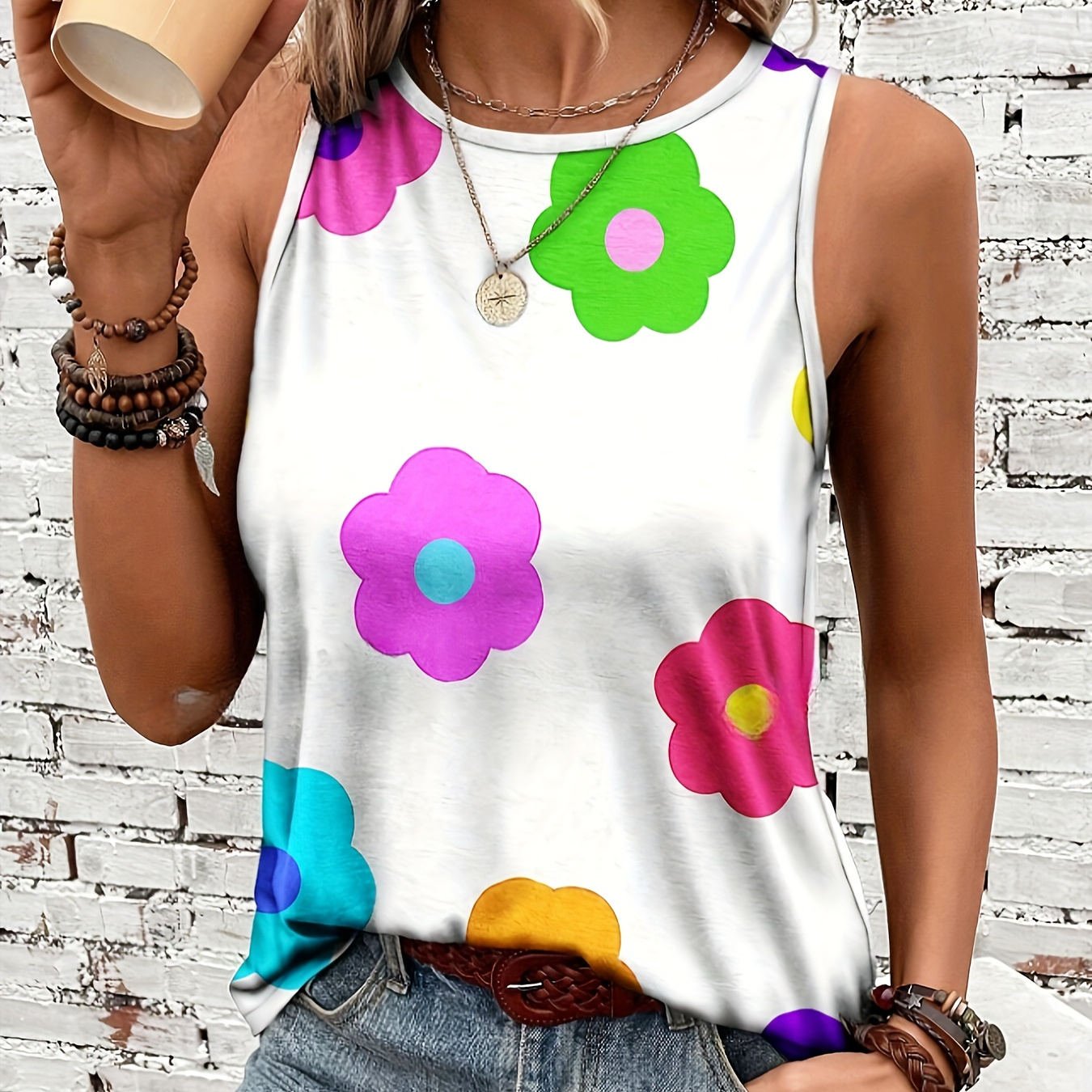 

Floral Print Crew Neck Tank Top, Casual Sleeveless Top For Spring & Summer, Women's Clothing