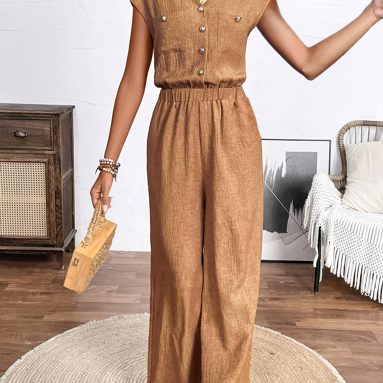 

Women's Elegant V-neck Polyester 100% Solid Color Jumpsuit With Waist Tie, Woven Wide Leg Romper With Button Detail