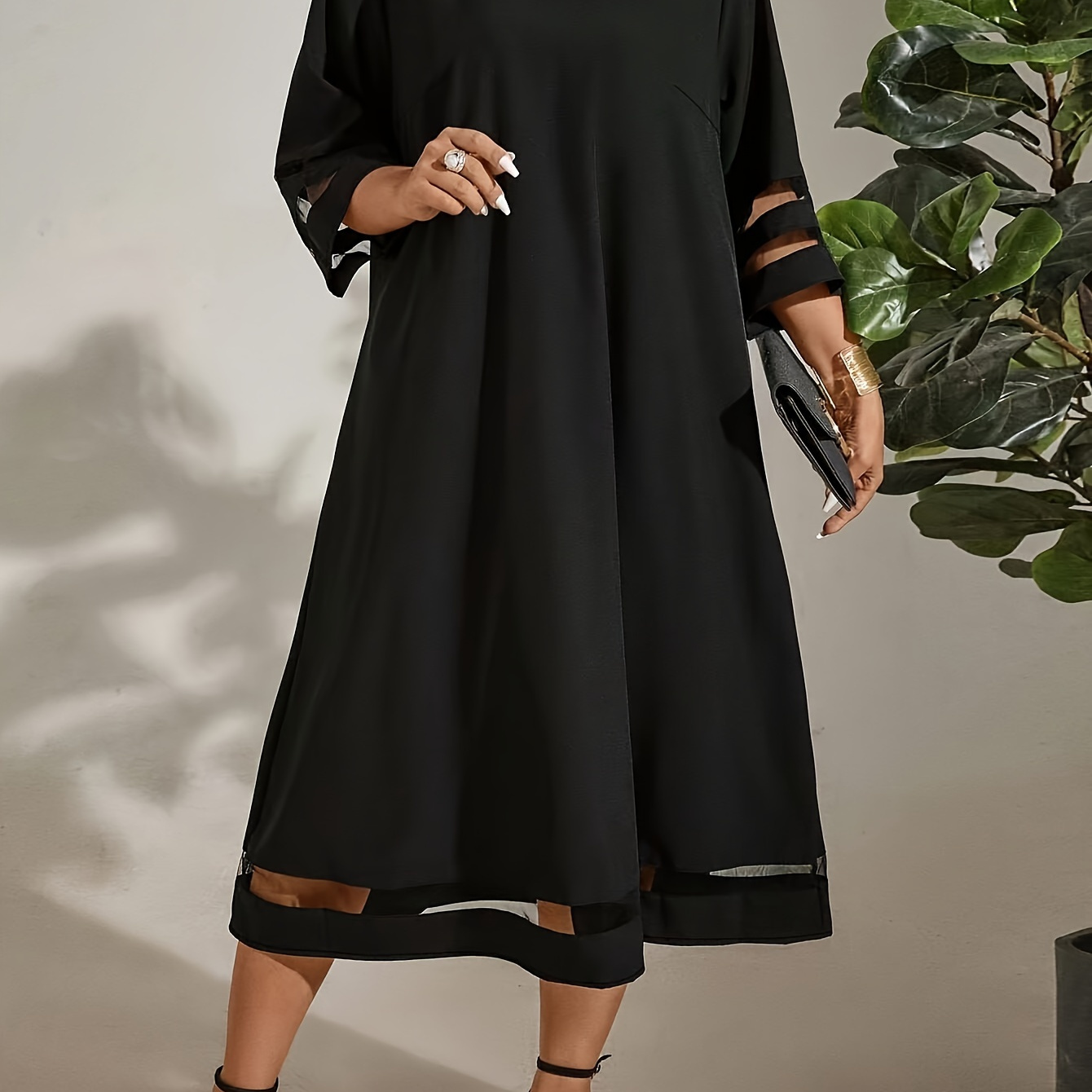 

Plus Size Solid Color Mesh Stitching Dress, Elegant 3/4 Sleeve Crew Neck Midi Dress For Spring & Summer, Women's Plus Size Clothing