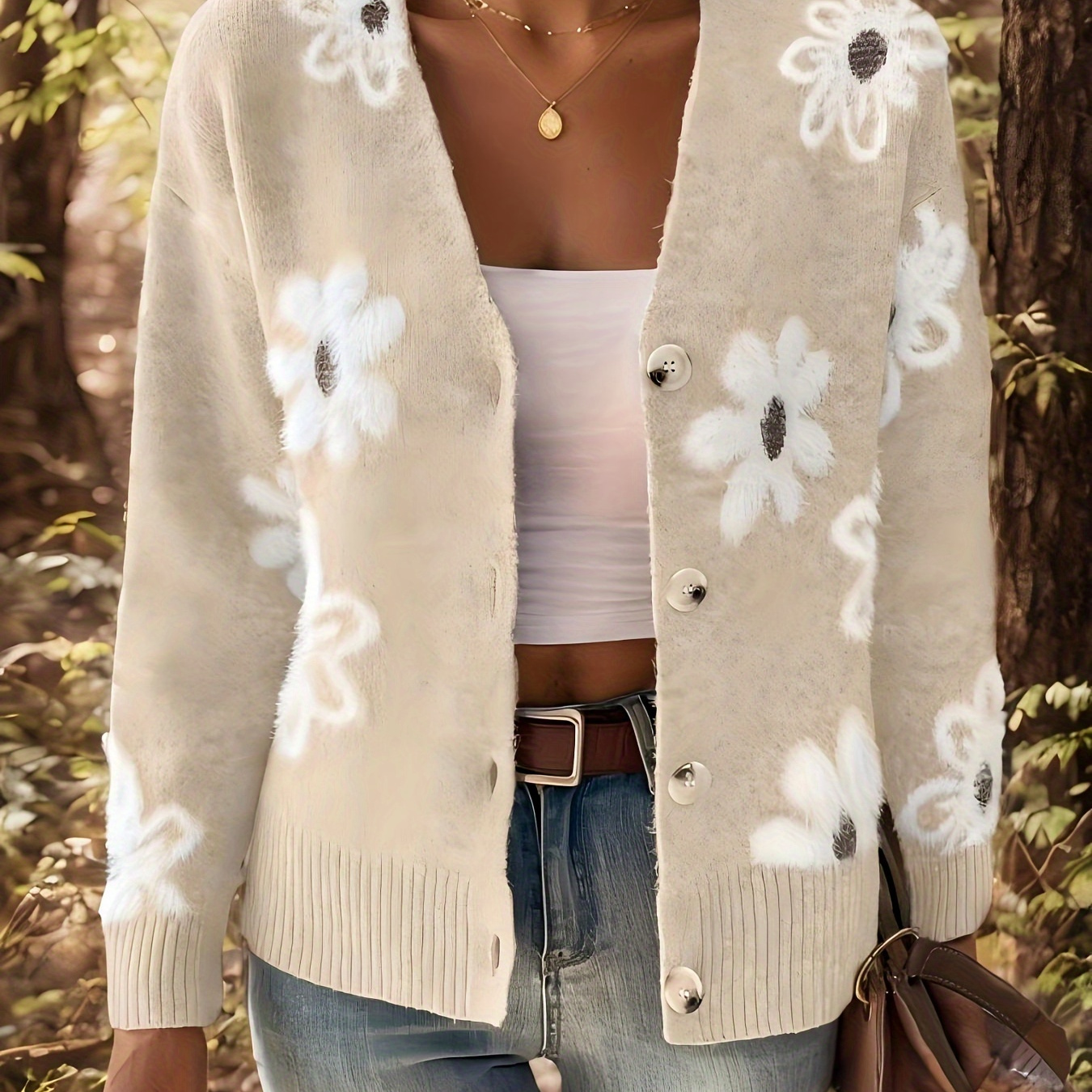 

Cardigan boutonné à motif floral, Cardigan décontracté à col en V à manches longues pour l'automne et l'hiver, Vêtements pour femmes