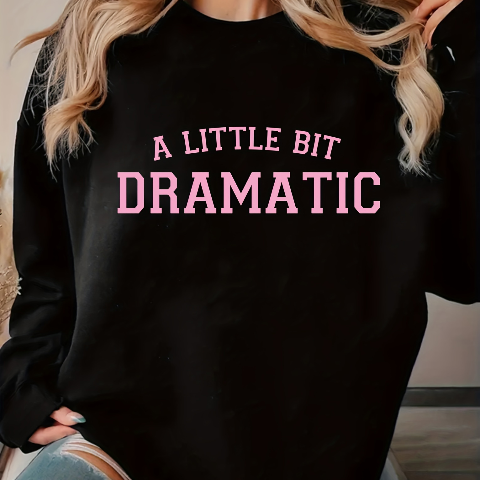 

Women's Casual Crew Neck Sweatshirt With " Dramatic" Letter Print - 100% Polyester Knit Fabric, Long Sleeve Pullover For Fall/winter