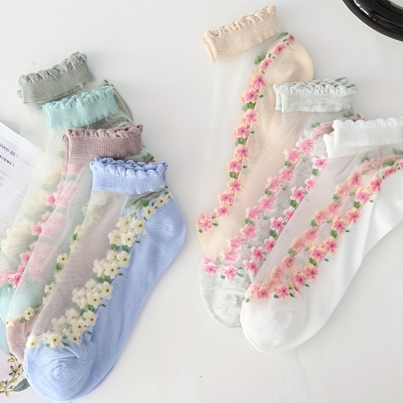 

7pairs Women's Sheer Thin Ankle Socks, Floral Embroidery Mesh Boat Socks, Cotton, Breathable, Sweat-absorbent, Short Socks For Spring/summer