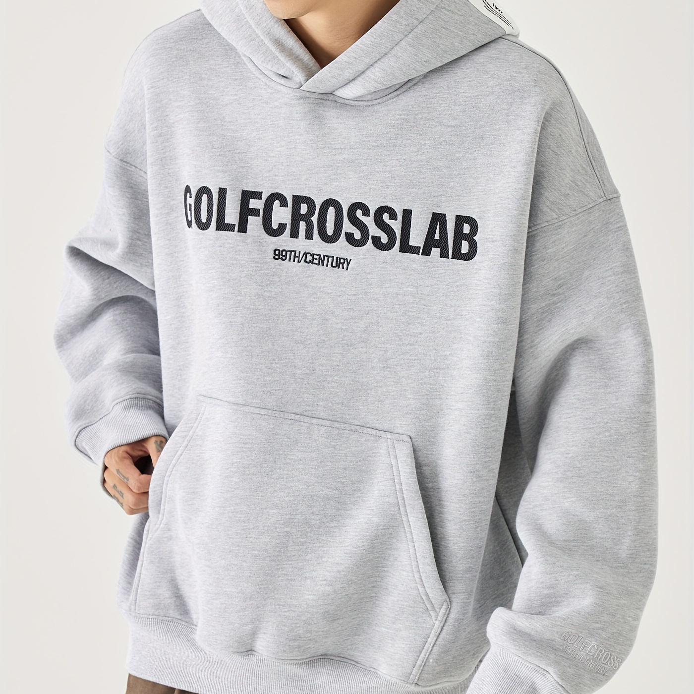 

Men's Loose Golfcross Lab Embroidery Hoodie With Kangaroo Pocket, Casual Long Sleeve Cotton Hooded Sweatshirt For Outdoor