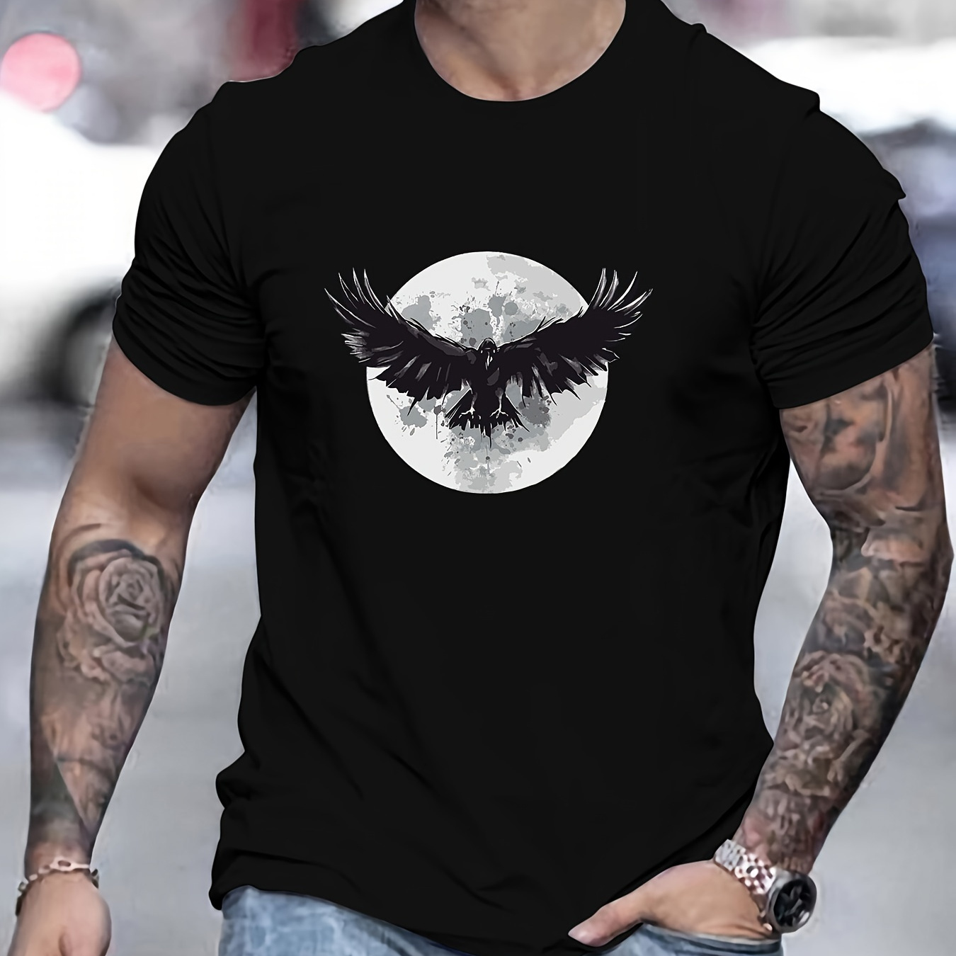 

T-shirt Imprimé Lune Et Corbeau, T-shirts Pour Hommes, T-shirt Décontracté À Manches Courtes Pour L'été