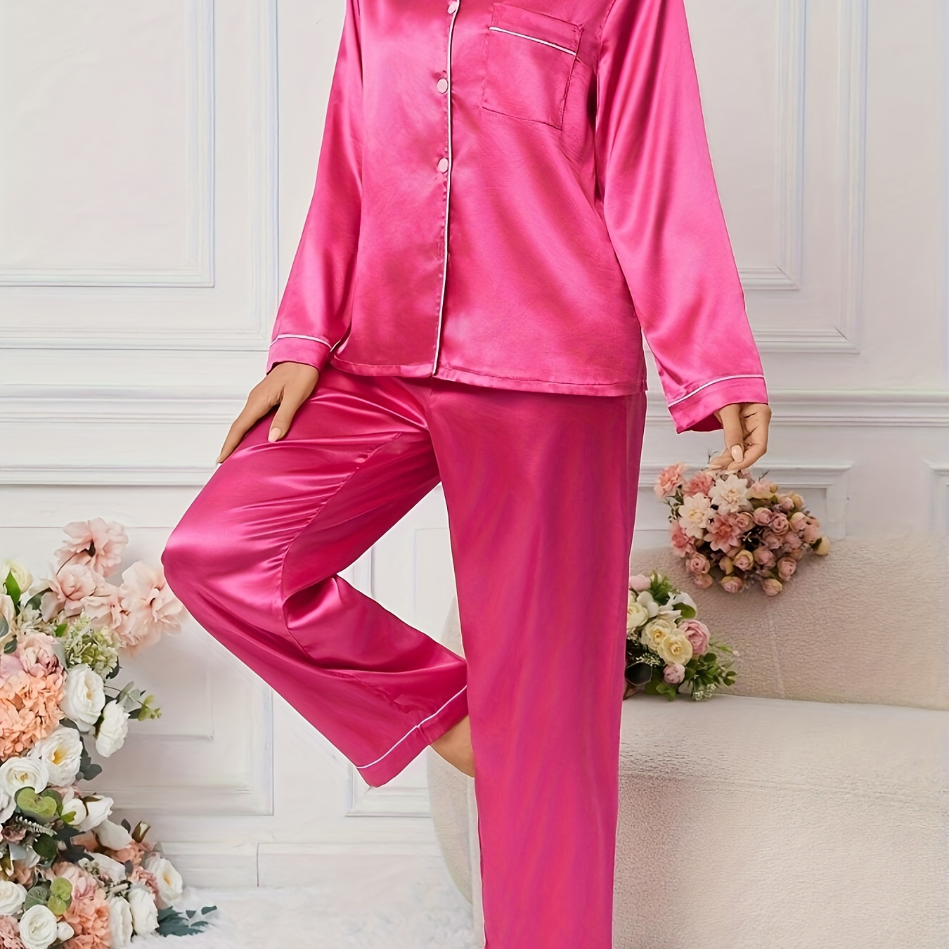 

Ensemble Pyjama en Satin pour Femme - Haut Boutonné à Manches Longues & Pantalon à Taille Élastique, Rose Uni, Non Transparent - pour le Loungewear de Printemps/Automne