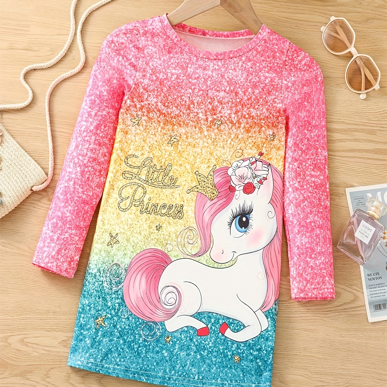 

Sequin Effect Little Princess Print Cartoon Unicorn Graphic Long Sleeve Dress Kids Clothes For Party Fall
