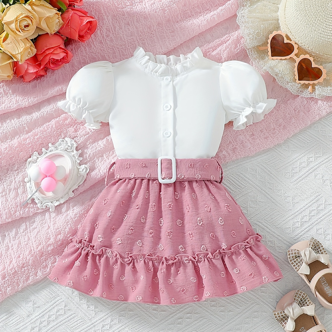 

Baby's Elegant 2pcs Summer Outfit, Puff Sleeve Blouse & Jacquard Ruffle Trim Skirt Set, Toddler & Infant Girl's Clothes For Daily/holiday, As Gift