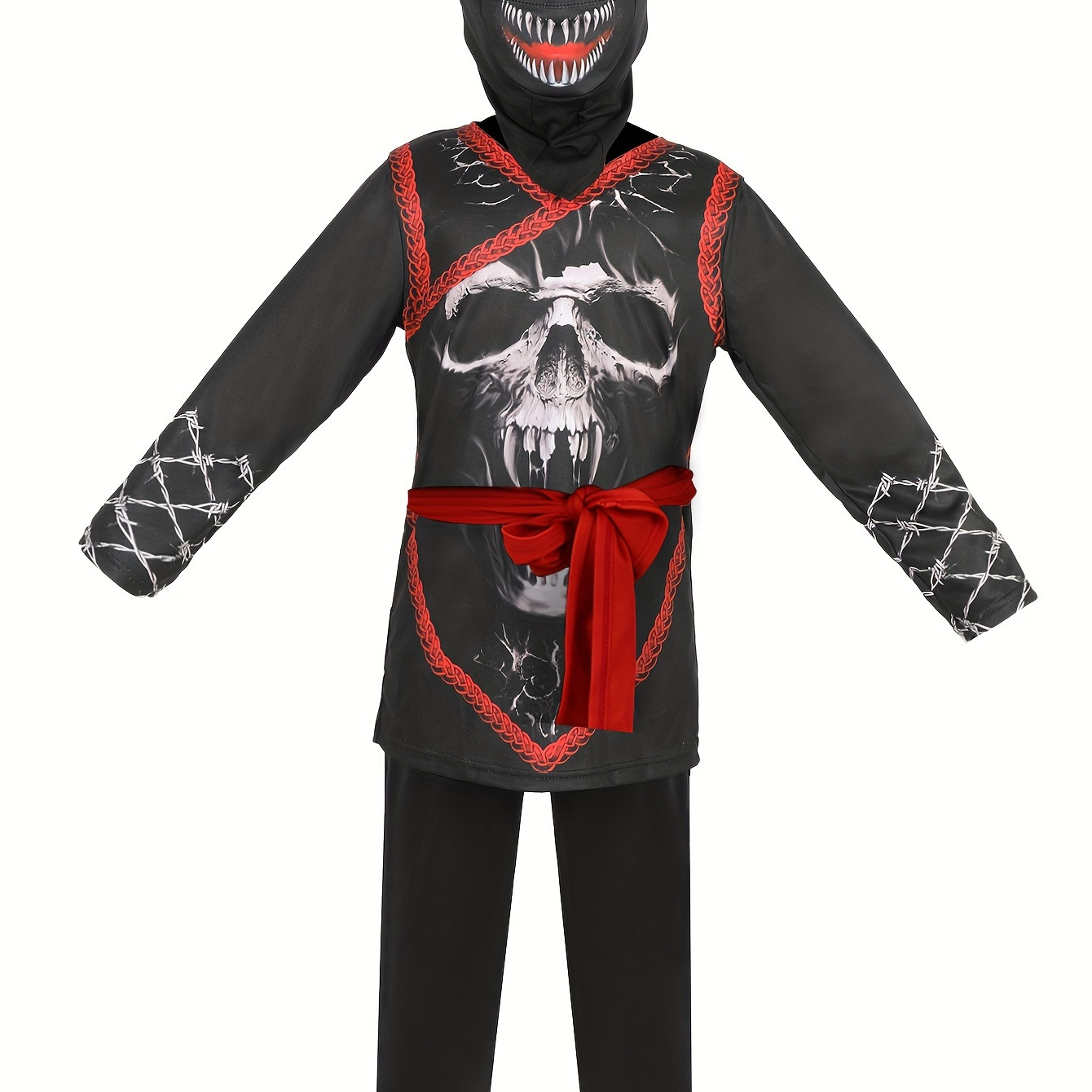 

4pcs Boy's Scary Skull Pattern Imitation Assassin Suit, Long Sleeve Top Pants + Belt + Mask Set, Perfect For Birthday, And Carnival Party Playing & Performance