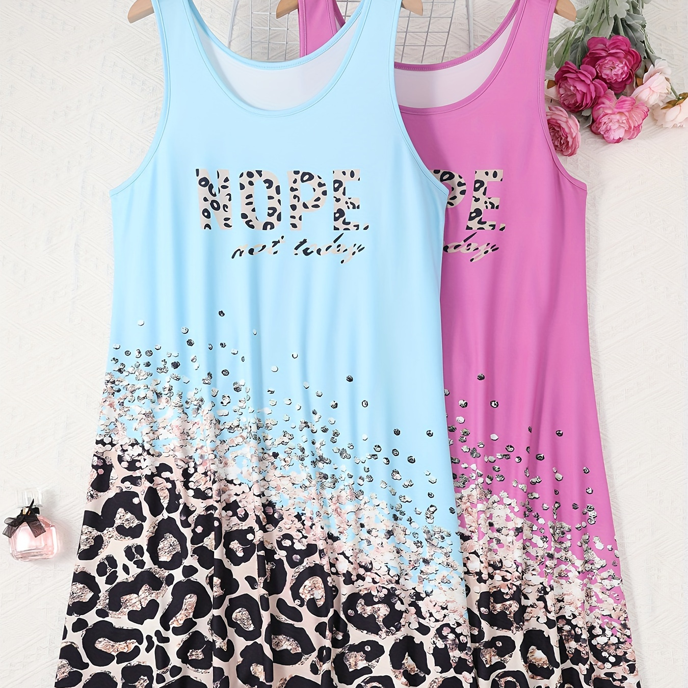 

2pcs Women's Plus Casual Sleep Dress, Plus Size Leopard Slogan Print Round Neck Tank Nightdress