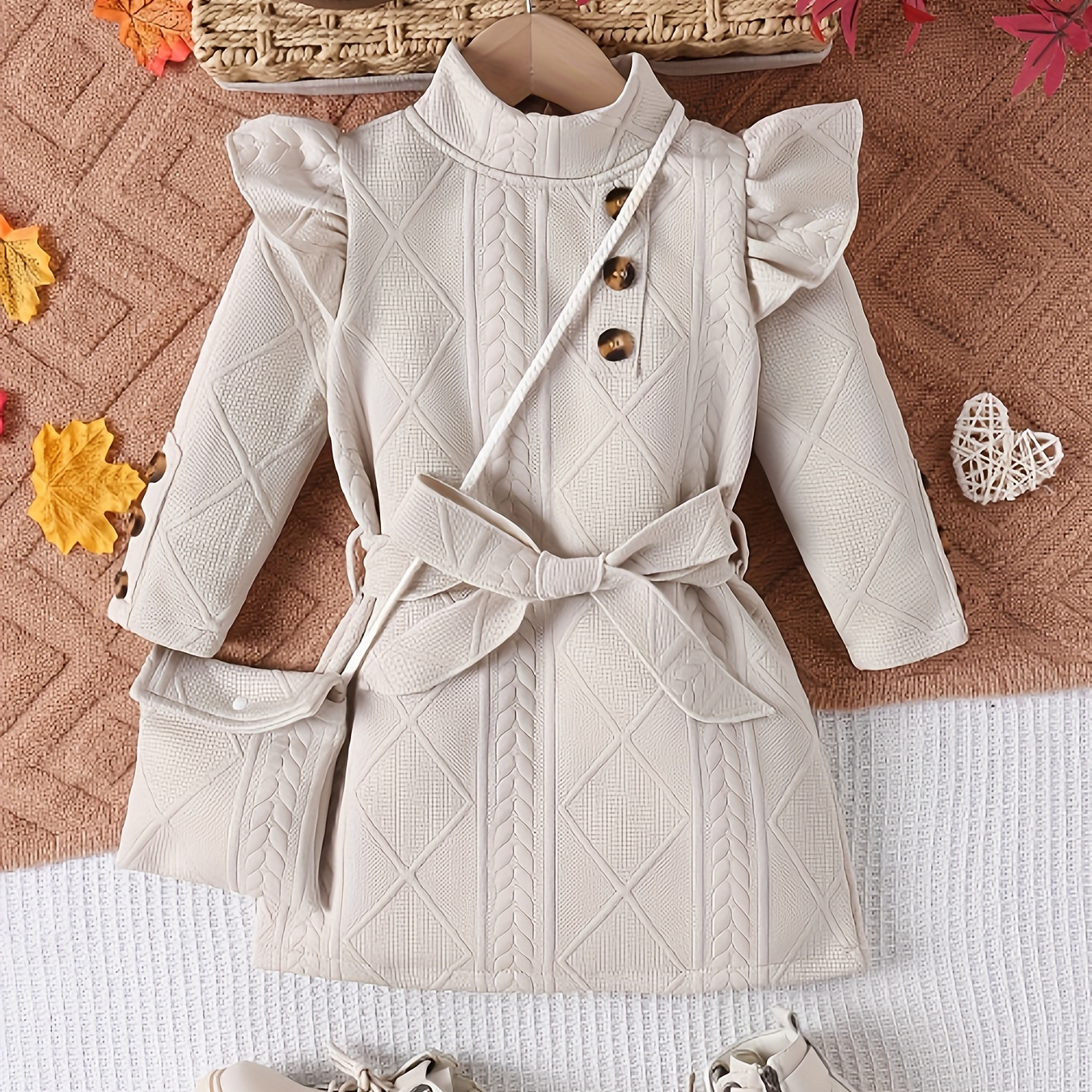 

Toddler Girls Elegant Flutter Trim Button Design Dress Long Sleeve Dresses Spring Fall Winter Gift