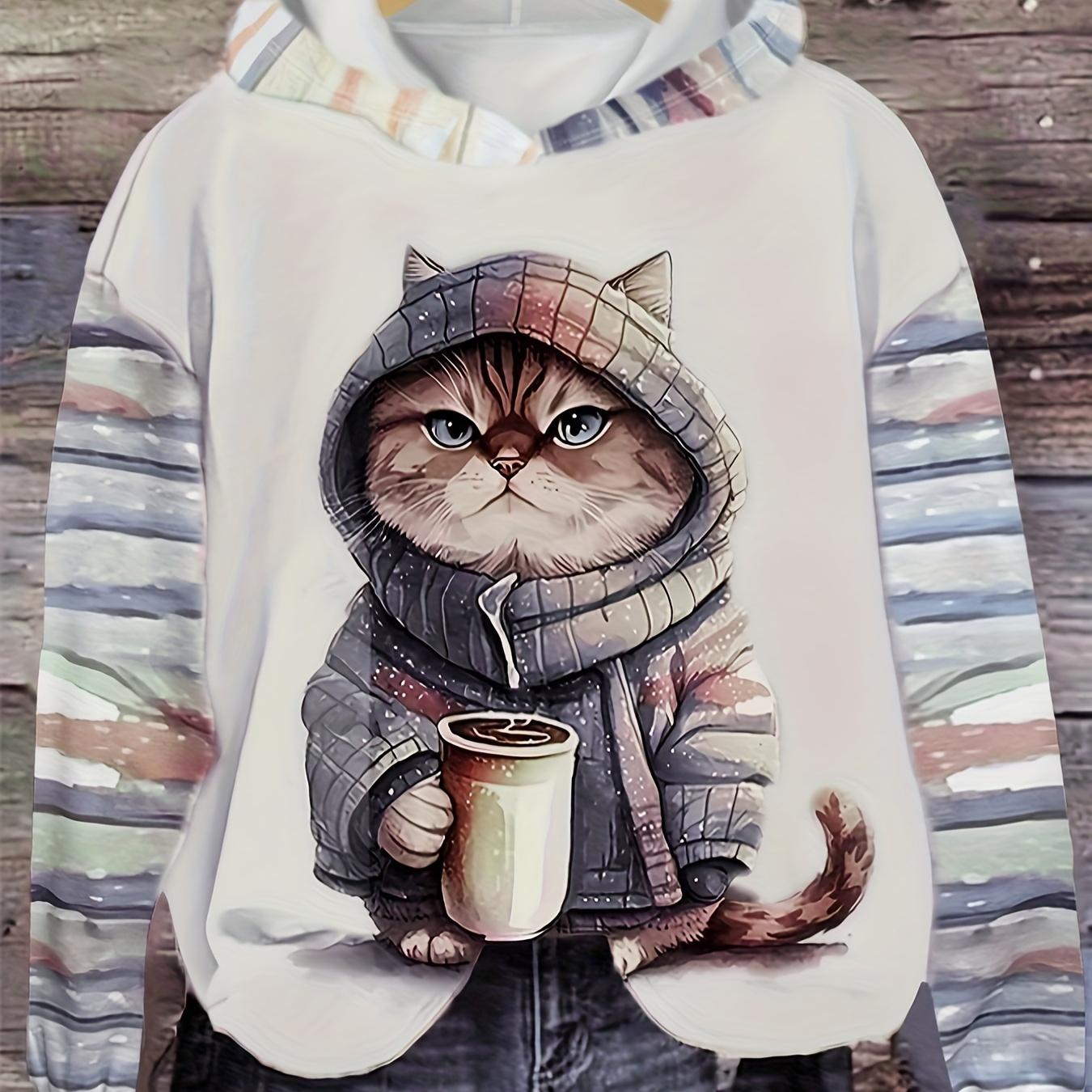 

Cartoon Cat Print Knitted Hoodie, Casual Long Sleeve Hooded Sweatshirt For Spring & Summer, Women's Clothing