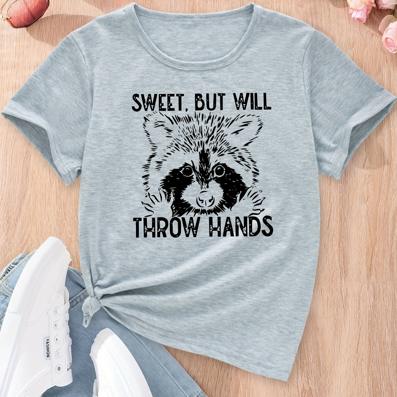 

Girls Youth 'sweet But Will Throw Hands' & Raccoon Print Short Sleeve T-shirt, Casual Round Neck Summer Tee - Grey
