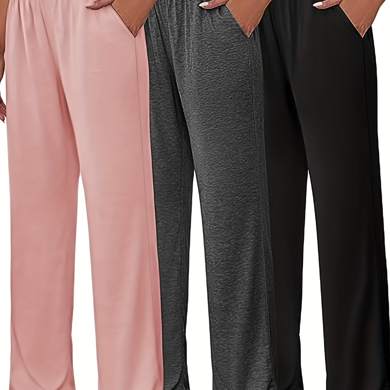 Solid High Waist Pants 3 Pack, Casual Comfy Straight Leg Pants, Women's Clothing