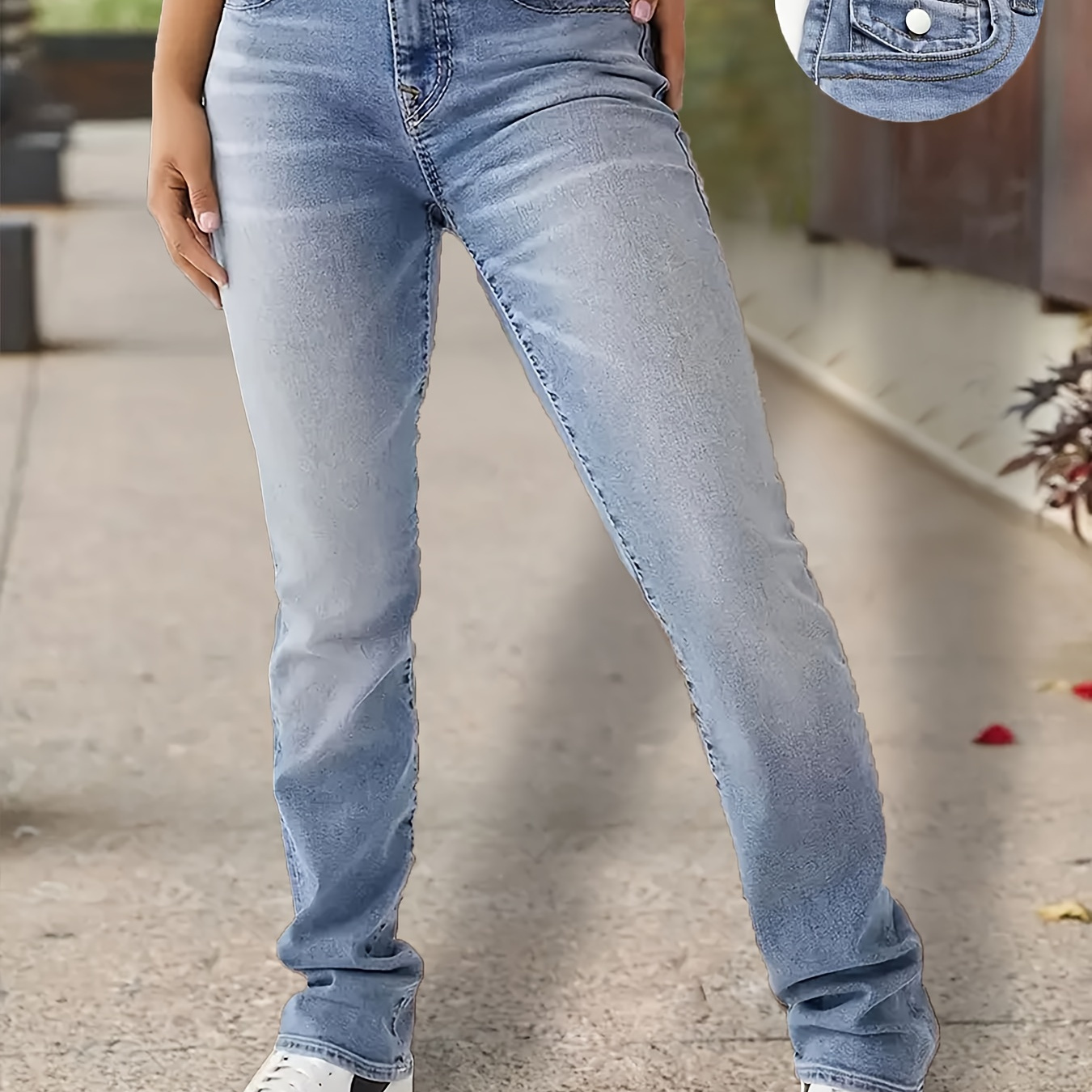 

Women's Mid-waist Straight Jeans, Double Wide Pants Head Comfortable Casual Pants, Fashion Cover Design, Light -colored Water Washing Pants