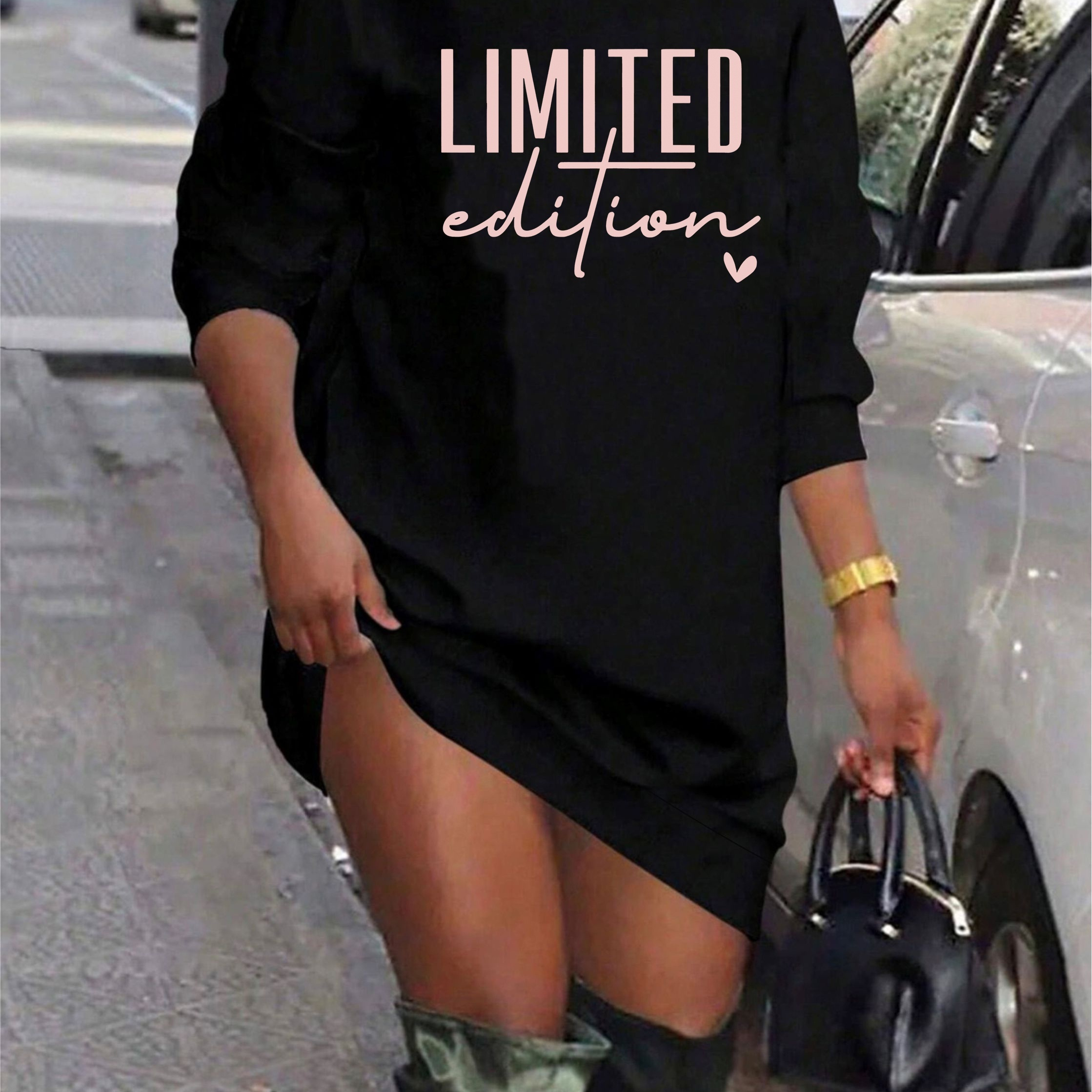 

Letter Neck Sweatshirt Dress, Casual Long Sleeve Loose Dress For Fall ＆ Winter, Women's Clothing