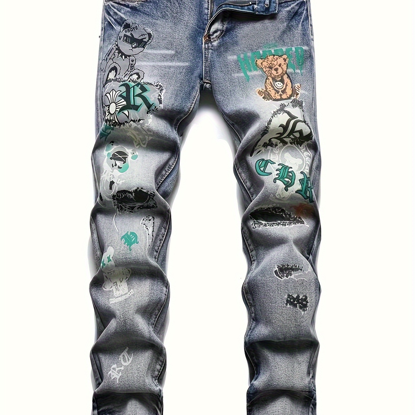 

New Men's Stylish Jeans Bear Graphic Stretch Graffiti Print Jeans