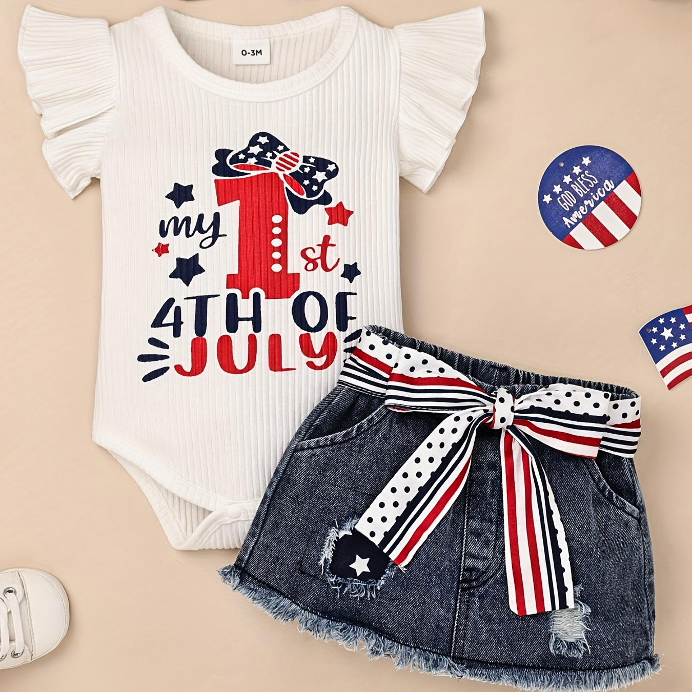 

"my 1st 4th Of July" Baby Girl Clothes, Newborn Baby Independence Day Outfits Infant Ruffle Romper + Short Jean Skirt With Waist Band+ Headband Set