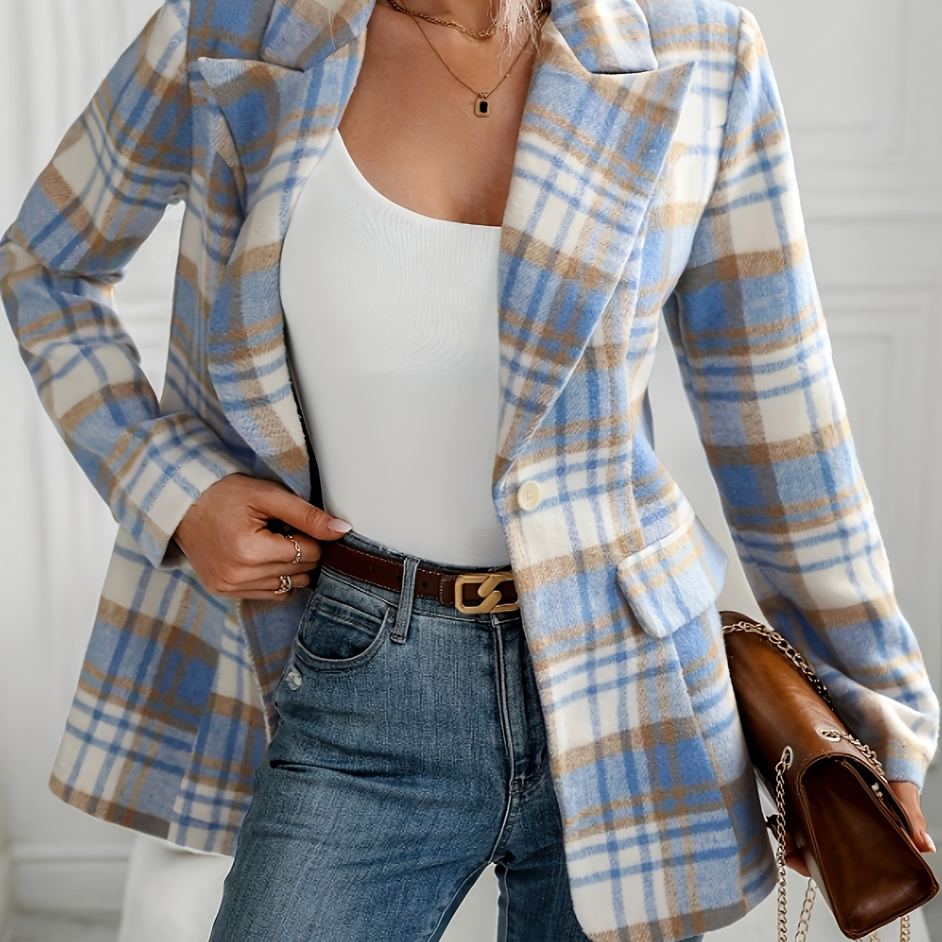 

Blazer à carreaux boutonné sur le devant avec revers, élégant blazer à manches longues pour le bureau et le travail, vêtements pour femmes