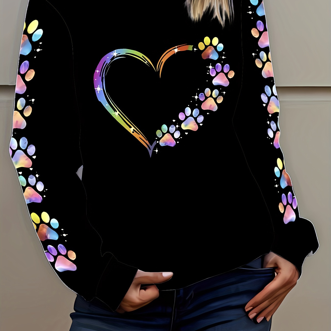 

Women's Plus Size Long Sleeve Pullover Sweatshirt, Casual Round Neck, Polyester, Heart And Paw Print, Knit Fabric, Autumn Fashion, Black