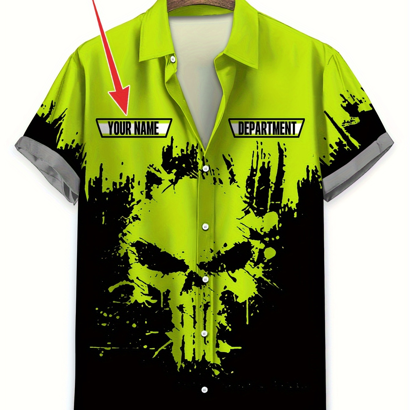 

Custom Name Skull & Darts Graphic Hawaiian Shirt - 100% Polyester Casual Lapel Collar Button-front Shirt With Regular Short Sleeves, Non-stretch Fabric, Summer Wear For Adults