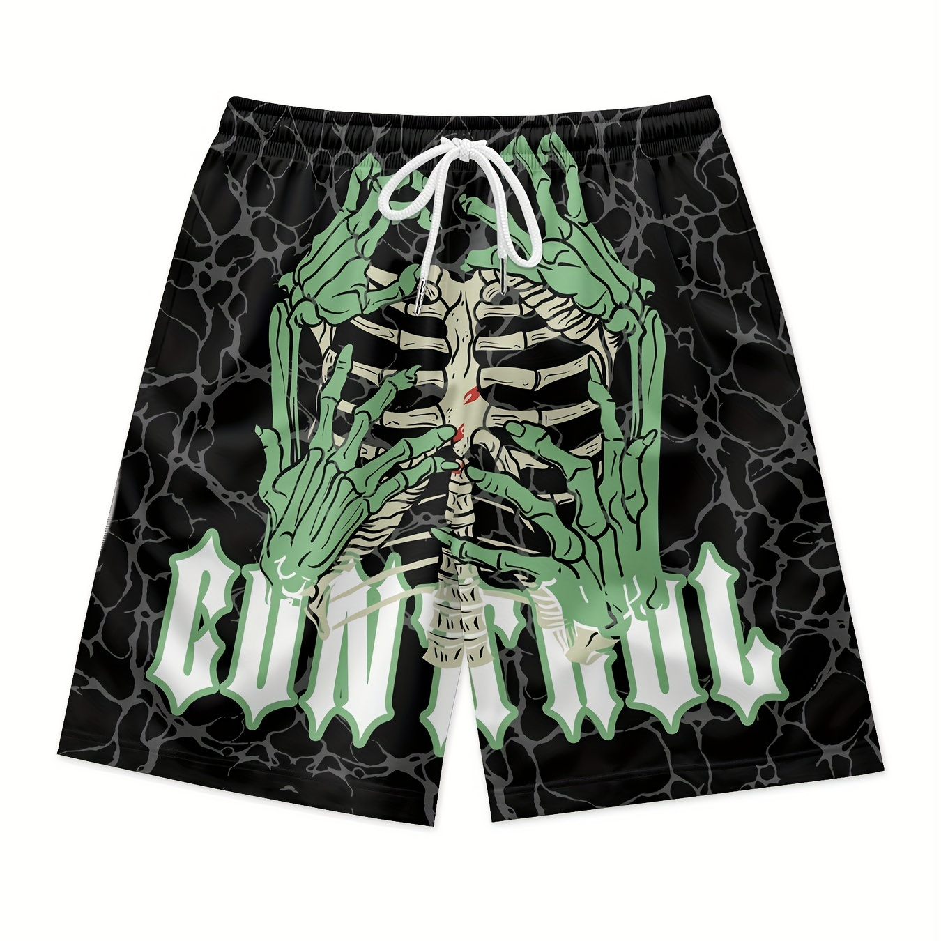 

Green Skeleton Fingers Print Men's Drawstring Waist Shorts Quick Dry Breathable Polyester Sport Shorts Daily Streetwear Vacation Shorts Trendy Clothing Bottoms