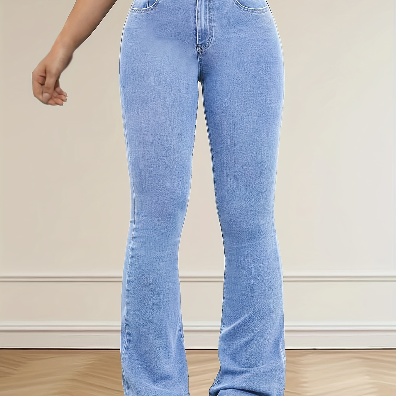 

Women's High-waisted Jeans, Stretch Cotton Blend, Elegant Style, Long Length, Four-season, Zipper Closure, No Print, Knitted Fabric, Classic Fit