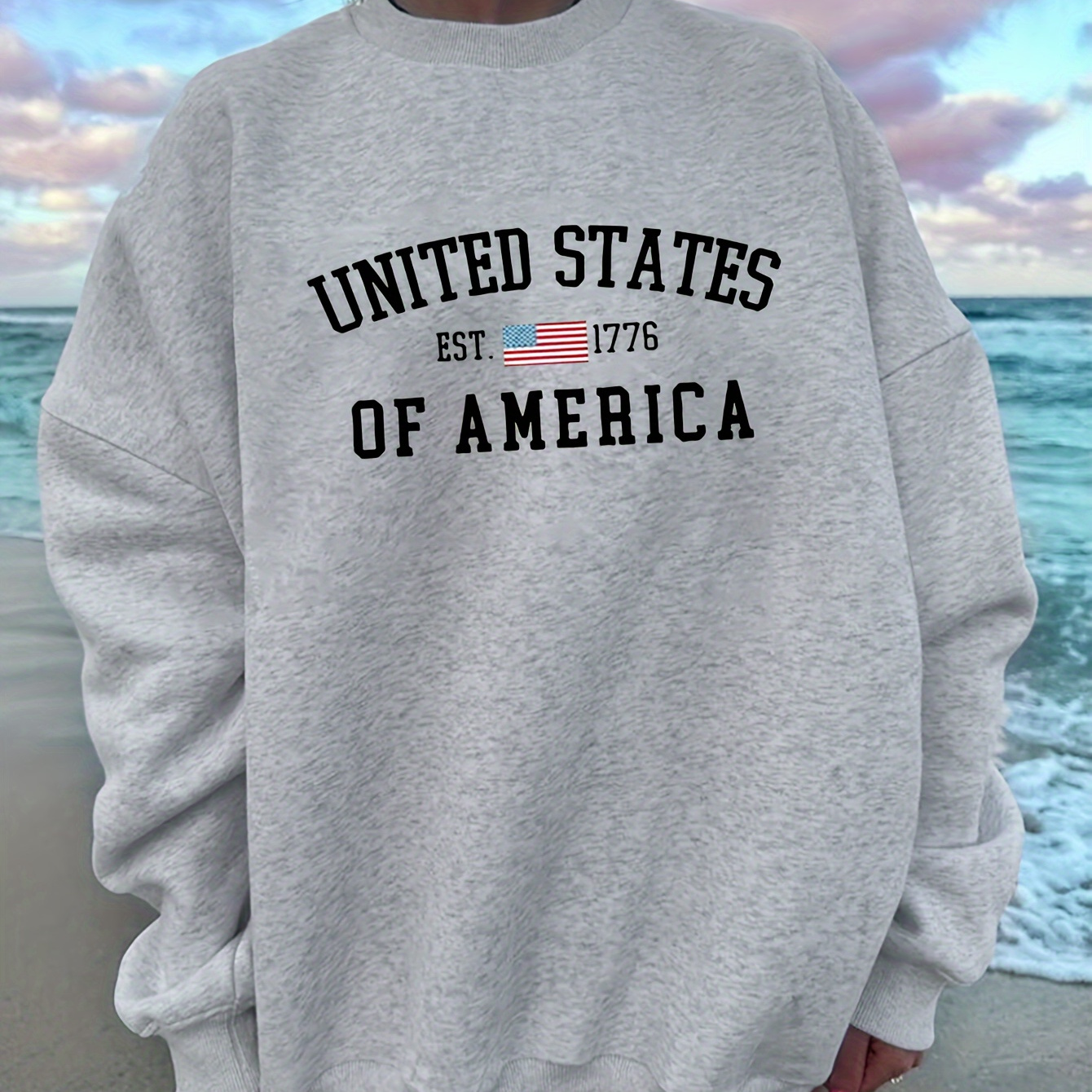 

Casual Crew Neck Sweatshirt With Usa Applique - Polyester Blend Knit Fabric, Alphabet Pattern, Long Sleeve - Fall/winter Collection